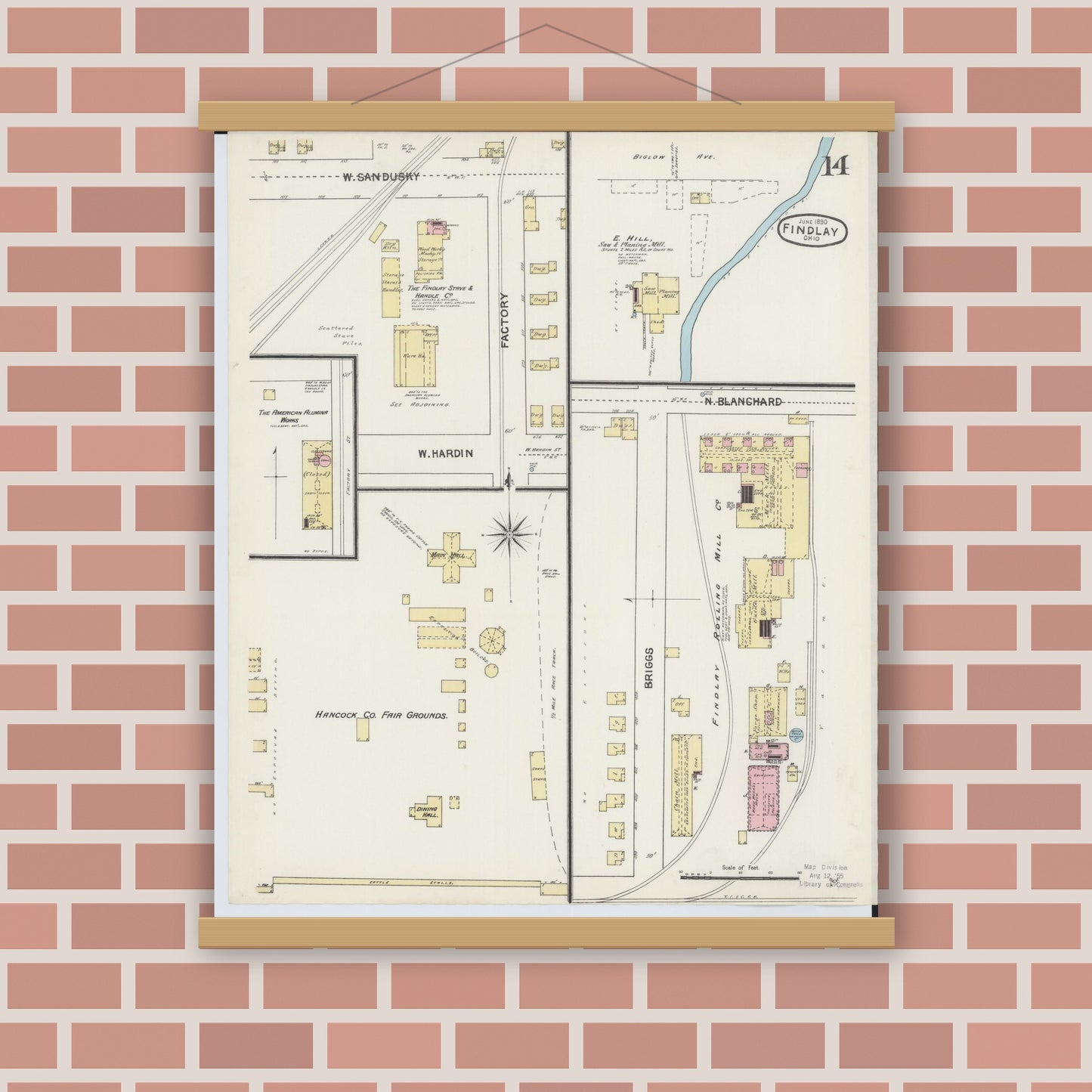 Old map wall art mockup — magnetic wood frame on brick wall — Sanborn Fire Insurance Map from Findlay, Hancock County, Ohio (1890), Sheet #0014