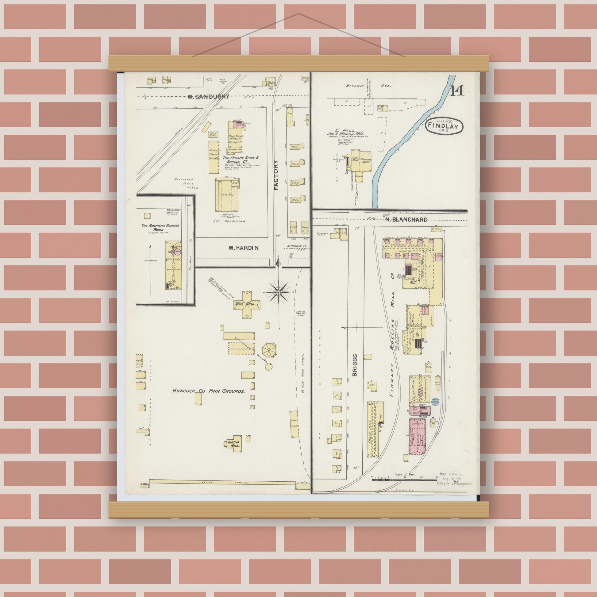 Old map wall art mockup — magnetic wood frame on brick wall — Sanborn Fire Insurance Map from Findlay, Hancock County, Ohio (1890), Sheet #0014