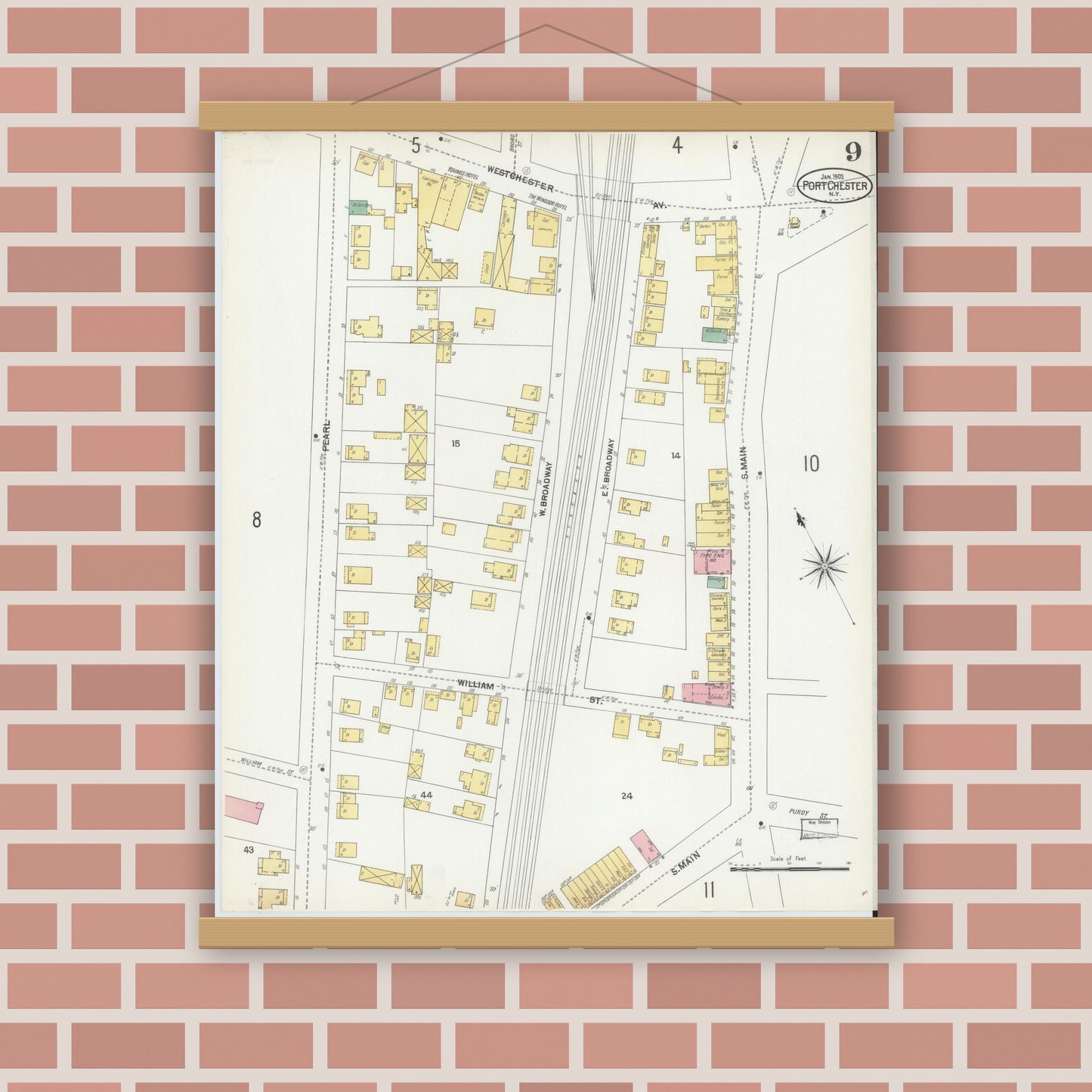 Old map wall art mockup — magnetic wood frame on brick wall — Sanborn Fire Insurance Map from Port Chester, Westchester County, New York (1902), Sheet #0009