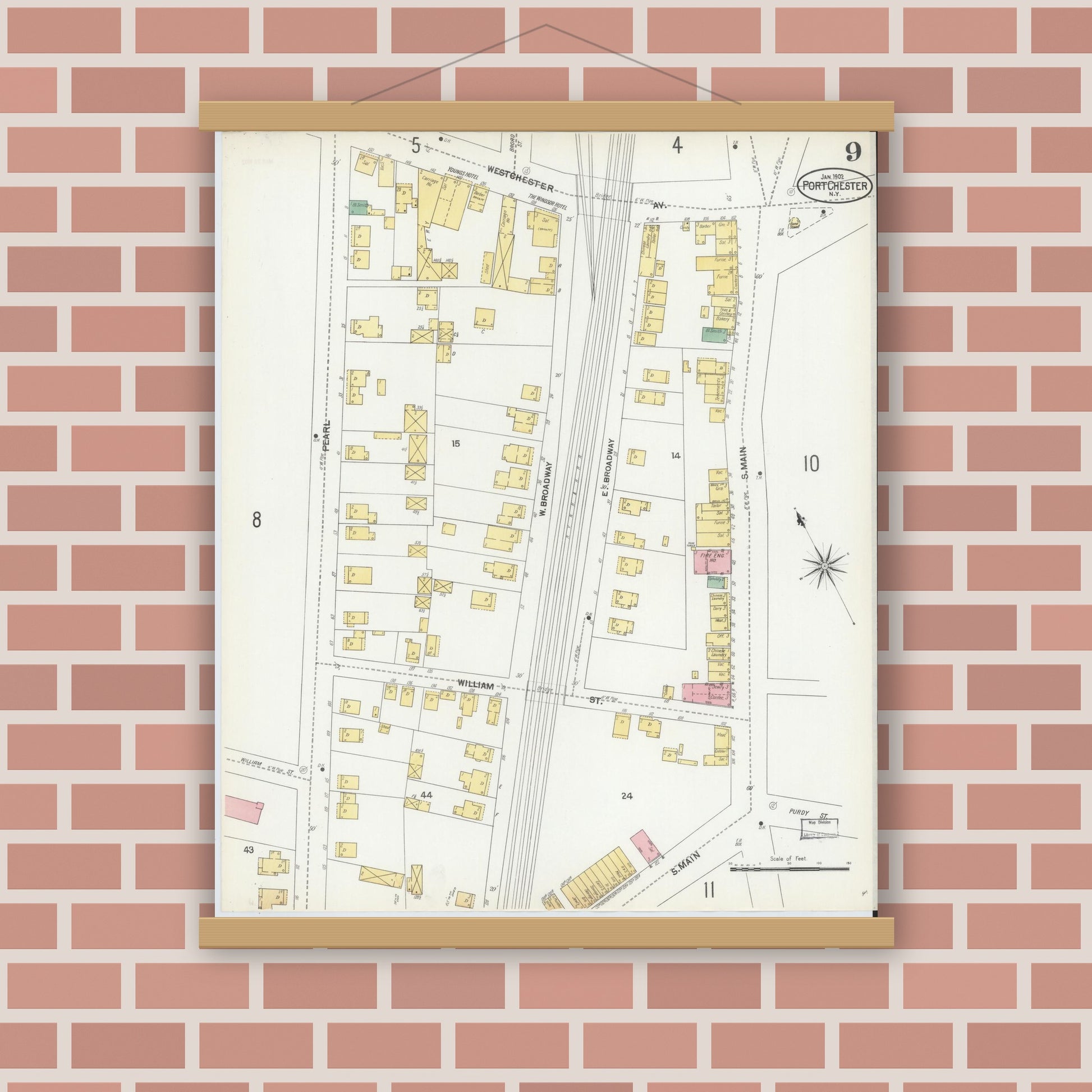 Old map wall art mockup — magnetic wood frame on brick wall — Sanborn Fire Insurance Map from Port Chester, Westchester County, New York (1902), Sheet #0009