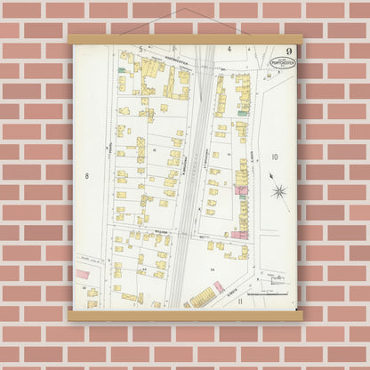Old map wall art mockup — magnetic wood frame on brick wall — Sanborn Fire Insurance Map from Port Chester, Westchester County, New York (1902), Sheet #0009