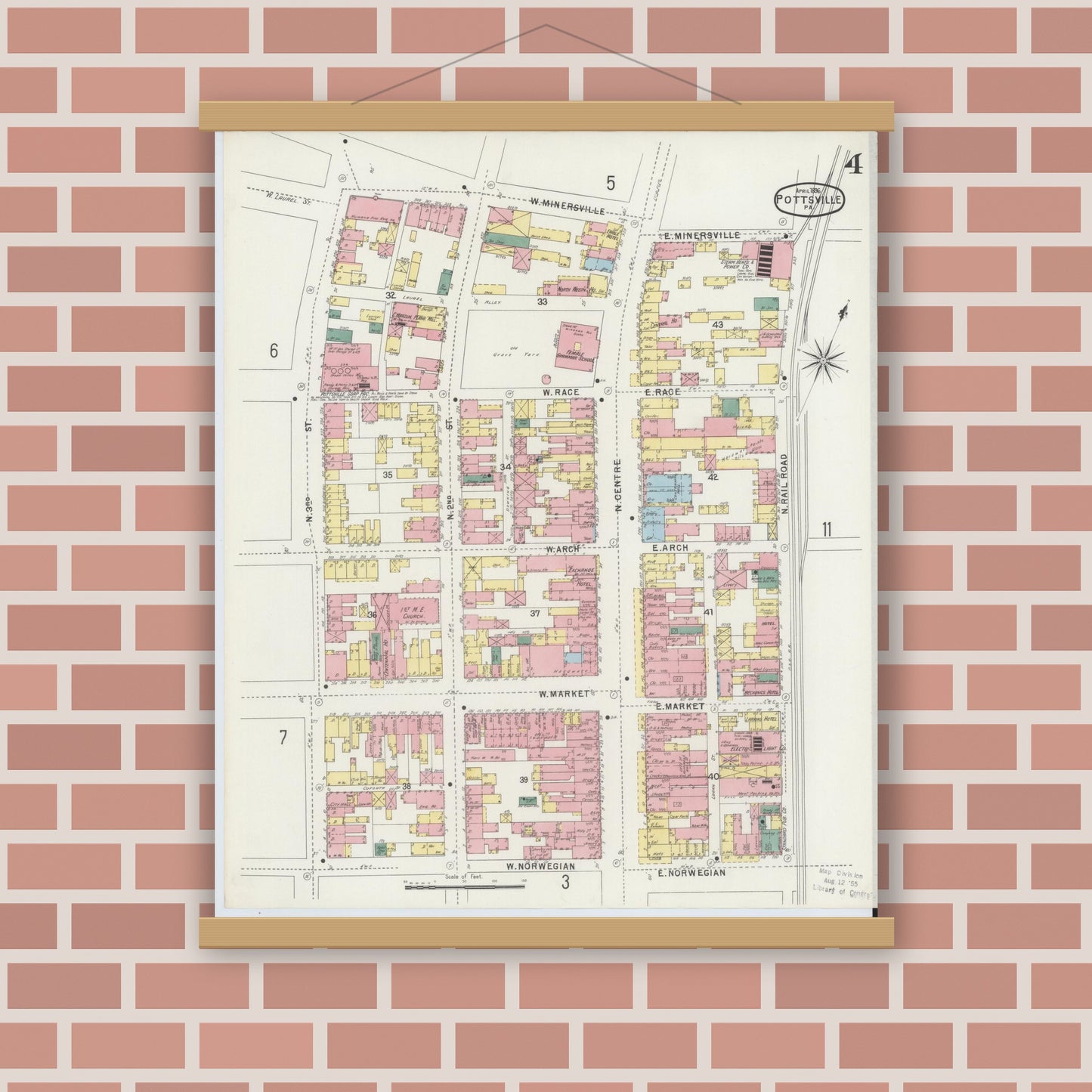 Old map wall art mockup — magnetic wood frame on brick wall — Sanborn Fire Insurance Map from Pottsville, Schuylkill County, Pennsylvania (1895), Sheet #0004