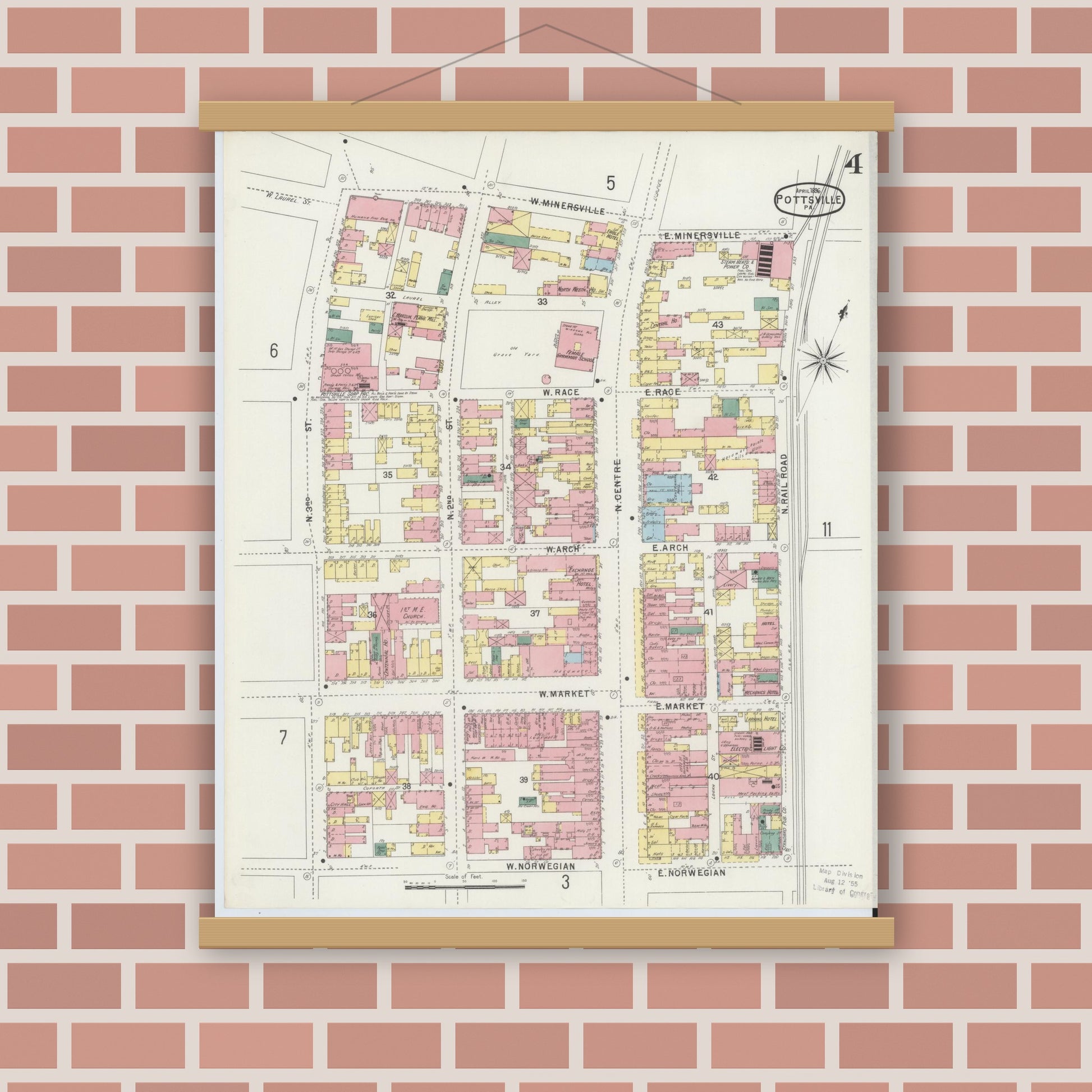 Old map wall art mockup — magnetic wood frame on brick wall — Sanborn Fire Insurance Map from Pottsville, Schuylkill County, Pennsylvania (1895), Sheet #0004