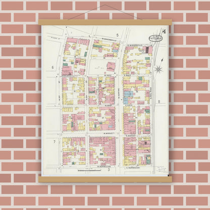 Old map wall art mockup — magnetic wood frame on brick wall — Sanborn Fire Insurance Map from Pottsville, Schuylkill County, Pennsylvania (1895), Sheet #0004
