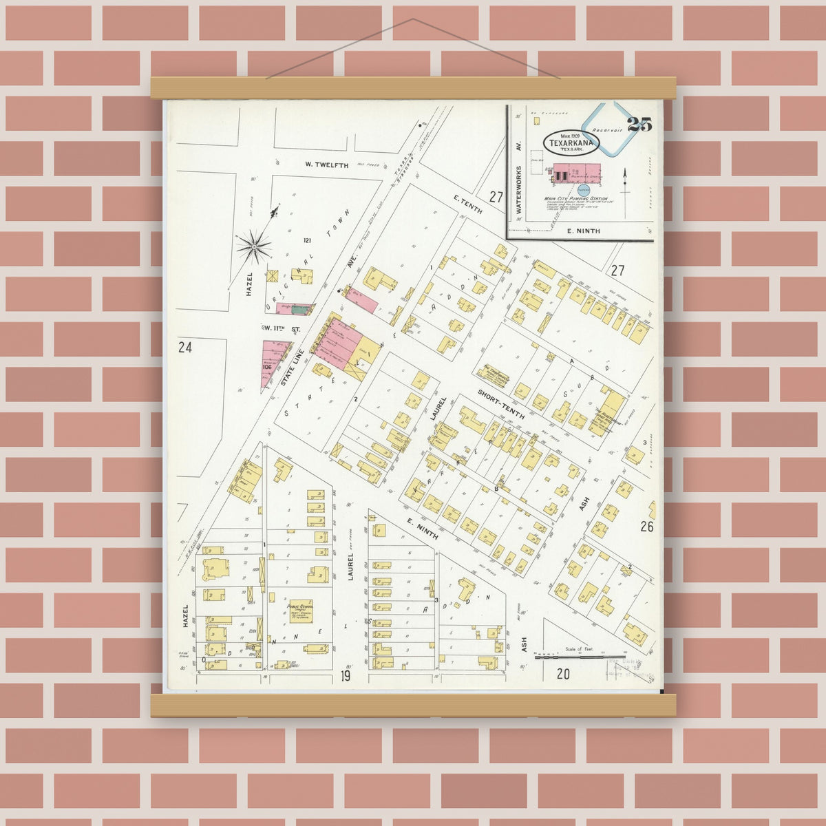 Old map wall art mockup — magnetic wood frame on brick wall — Sanborn Fire Insurance Map from Texarkana, Bowie County, Texas (1909), Sheet #0025