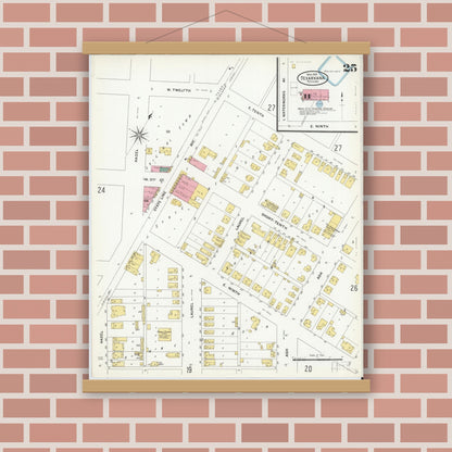 Old map wall art mockup — magnetic wood frame on brick wall — Sanborn Fire Insurance Map from Texarkana, Bowie County, Texas (1909), Sheet #0025