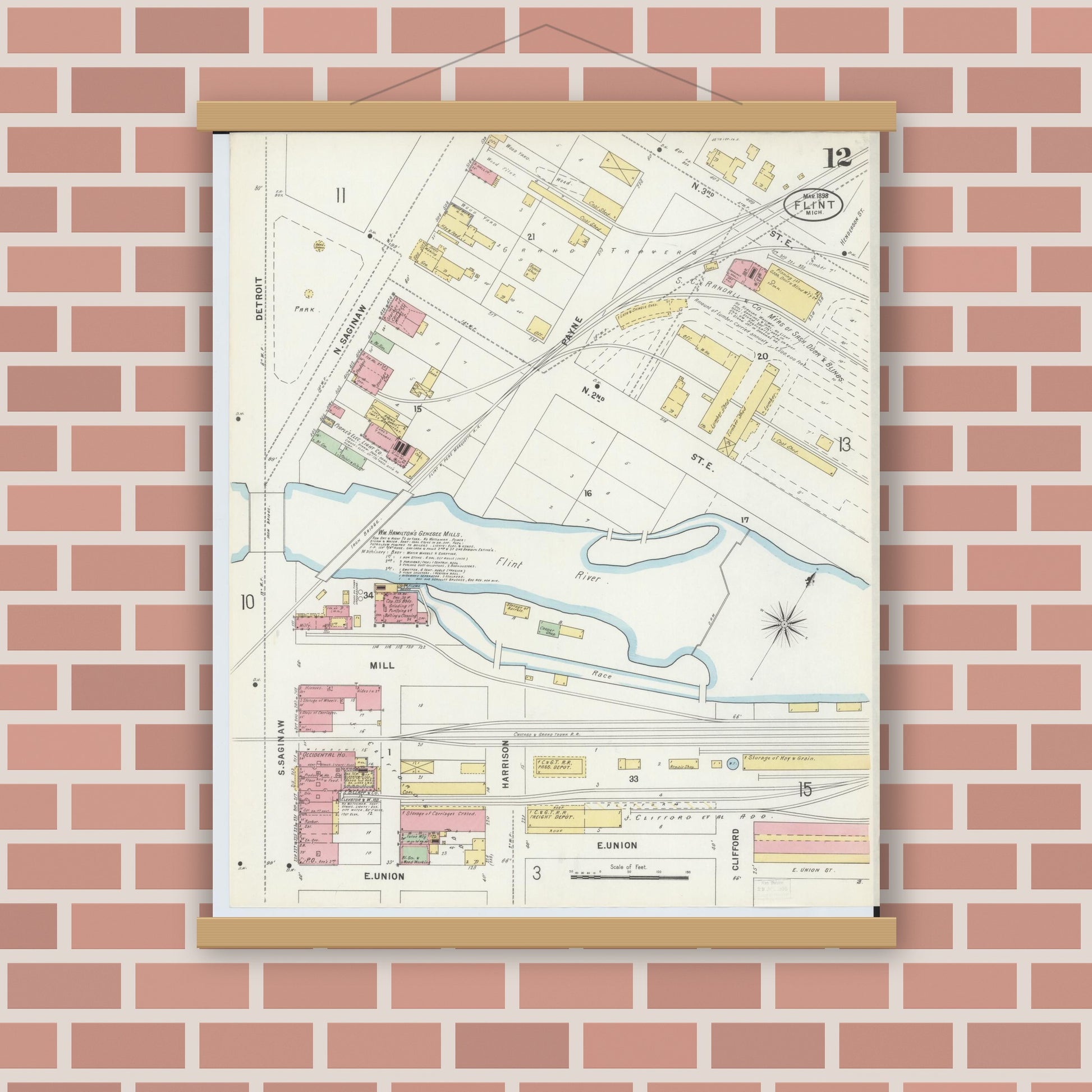Old map wall art mockup — magnetic wood frame on brick wall — Sanborn Fire Insurance Map from Flint, Genesee County, Michigan (1898), Sheet #0012