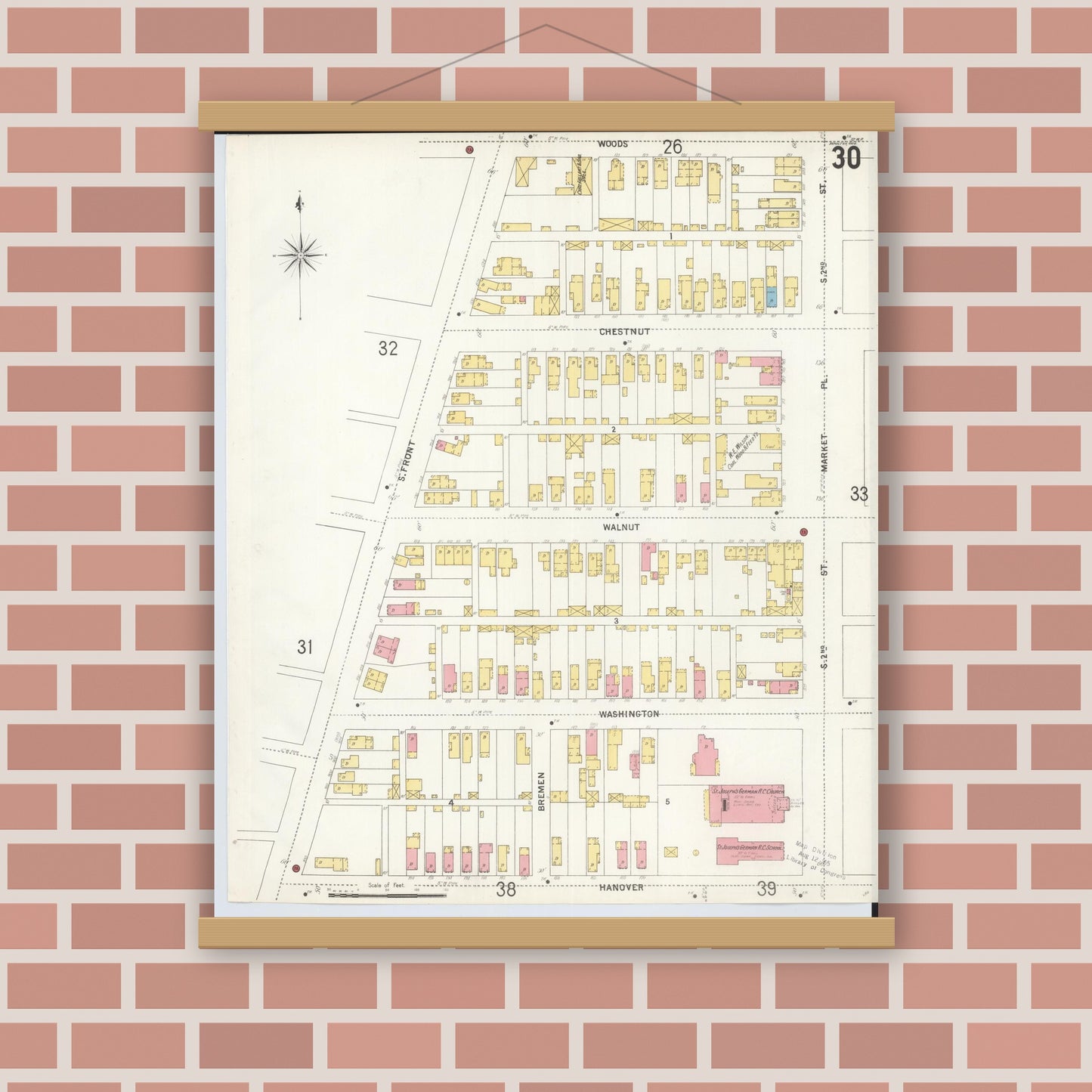 Old map wall art mockup — magnetic wood frame on brick wall — Sanborn Fire Insurance Map from Hamilton, Butler County, Ohio (1899), Sheet #0030