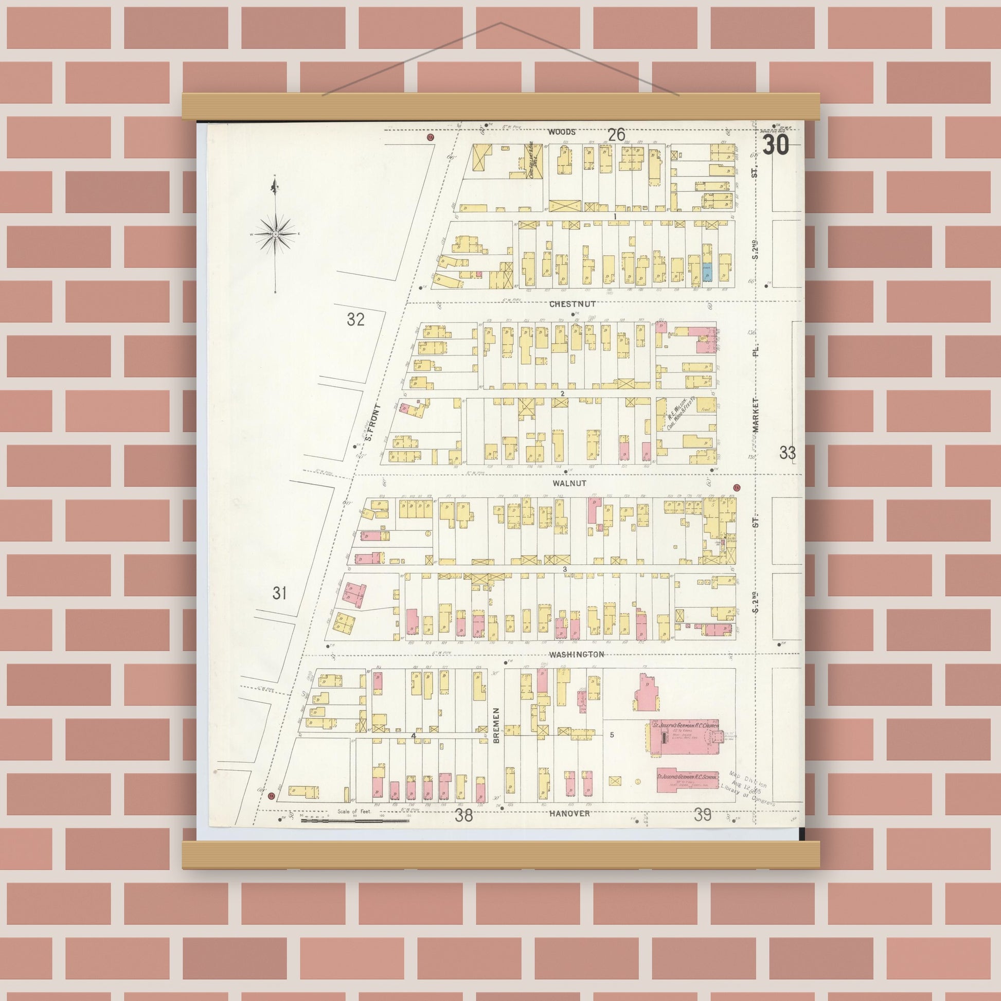Old map wall art mockup — magnetic wood frame on brick wall — Sanborn Fire Insurance Map from Hamilton, Butler County, Ohio (1899), Sheet #0030