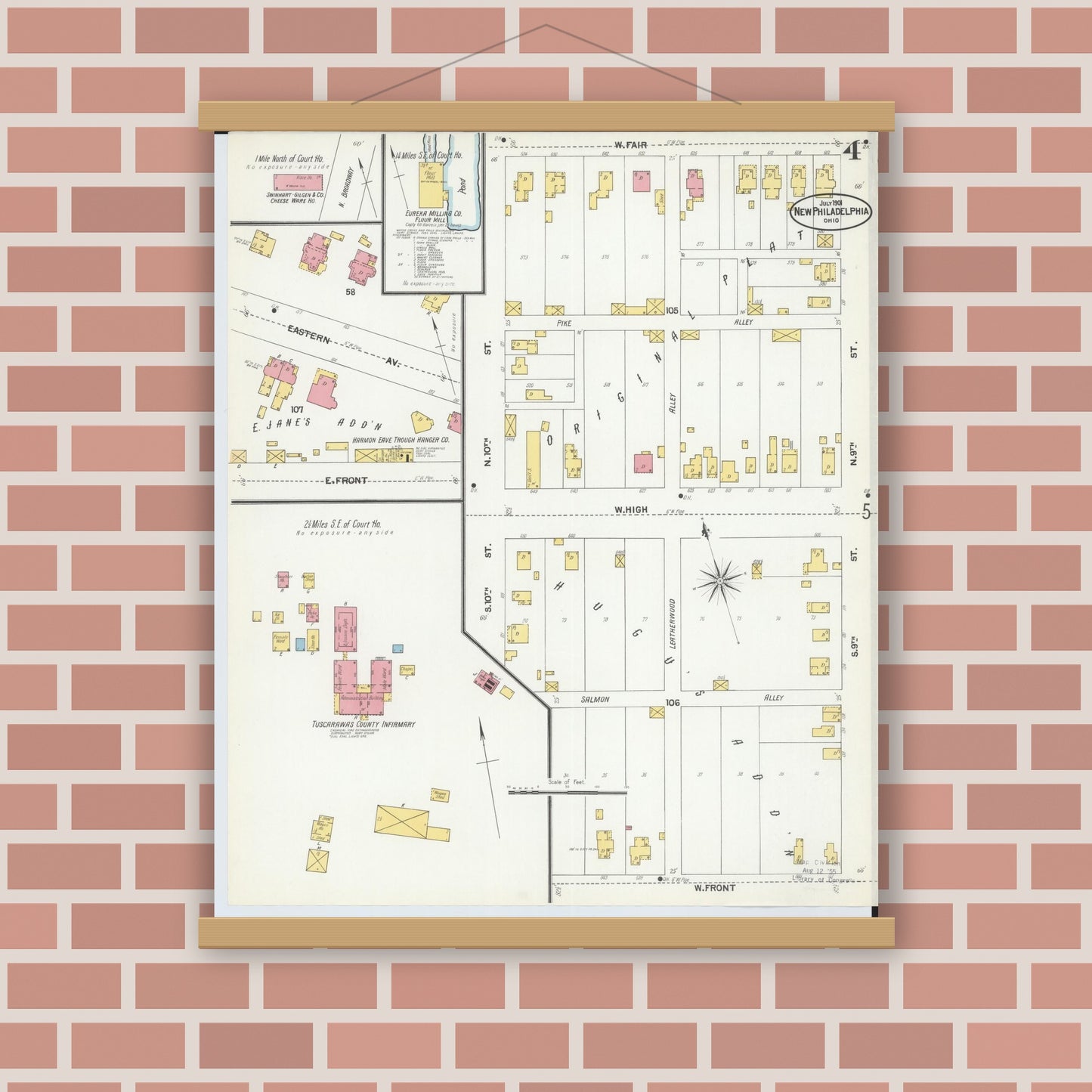 Old map wall art mockup — magnetic wood frame on brick wall — Sanborn Fire Insurance Map from New Philadelphia, Tuscarawas County, Ohio (1901), Sheet #0004