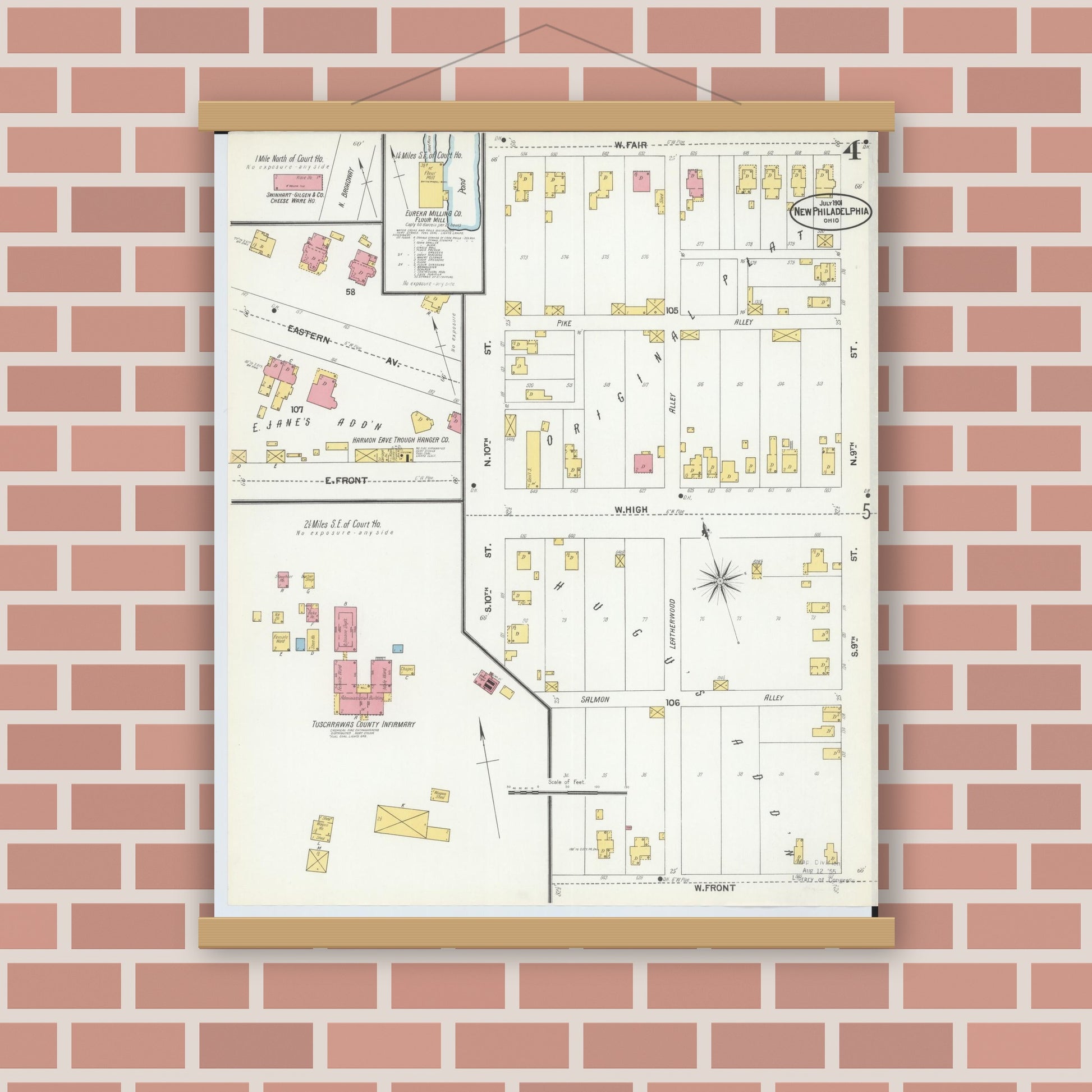 Old map wall art mockup — magnetic wood frame on brick wall — Sanborn Fire Insurance Map from New Philadelphia, Tuscarawas County, Ohio (1901), Sheet #0004