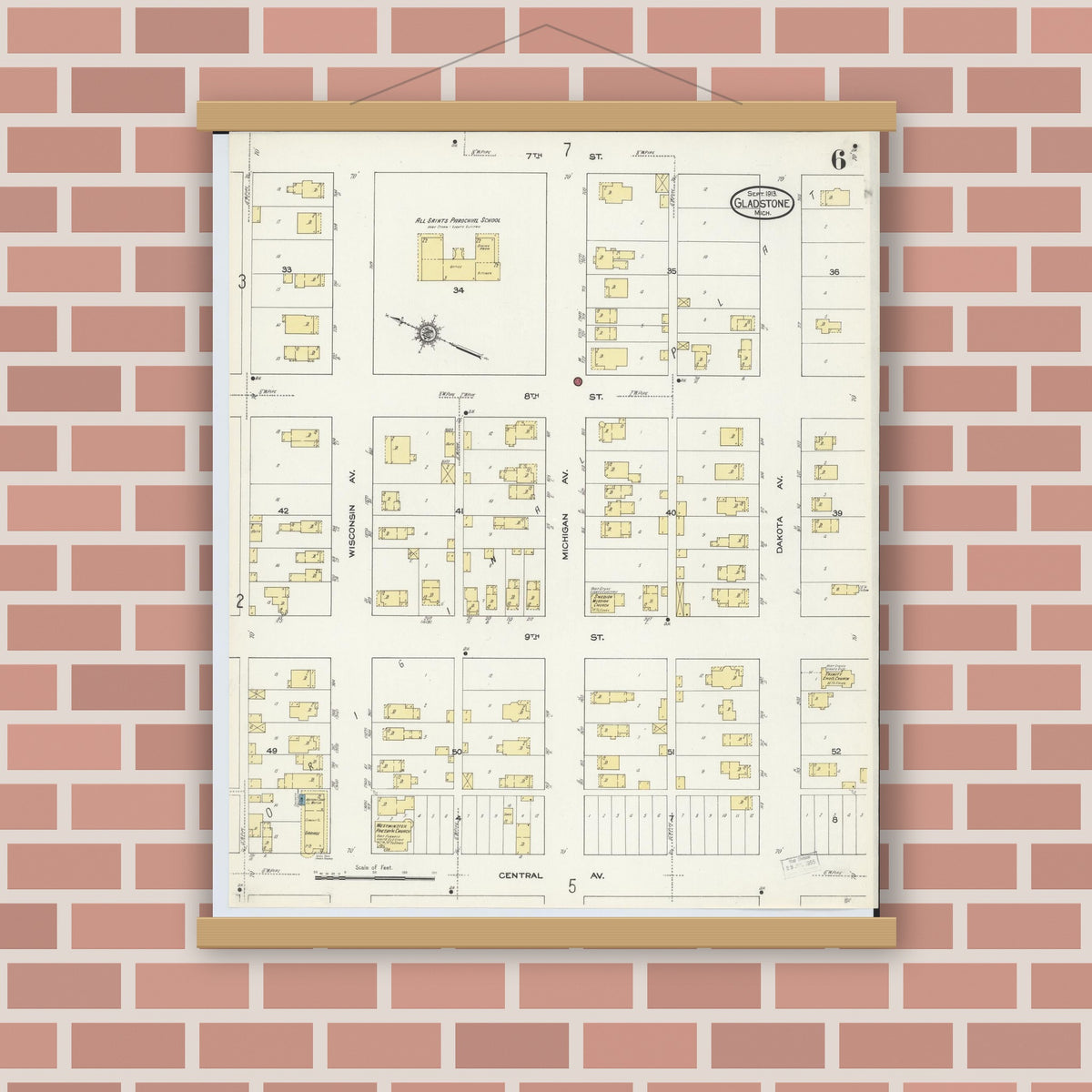 Old map wall art mockup — magnetic wood frame on brick wall — Sanborn Fire Insurance Map from Gladstone, Delta County, Michigan (1913), Sheet #0006