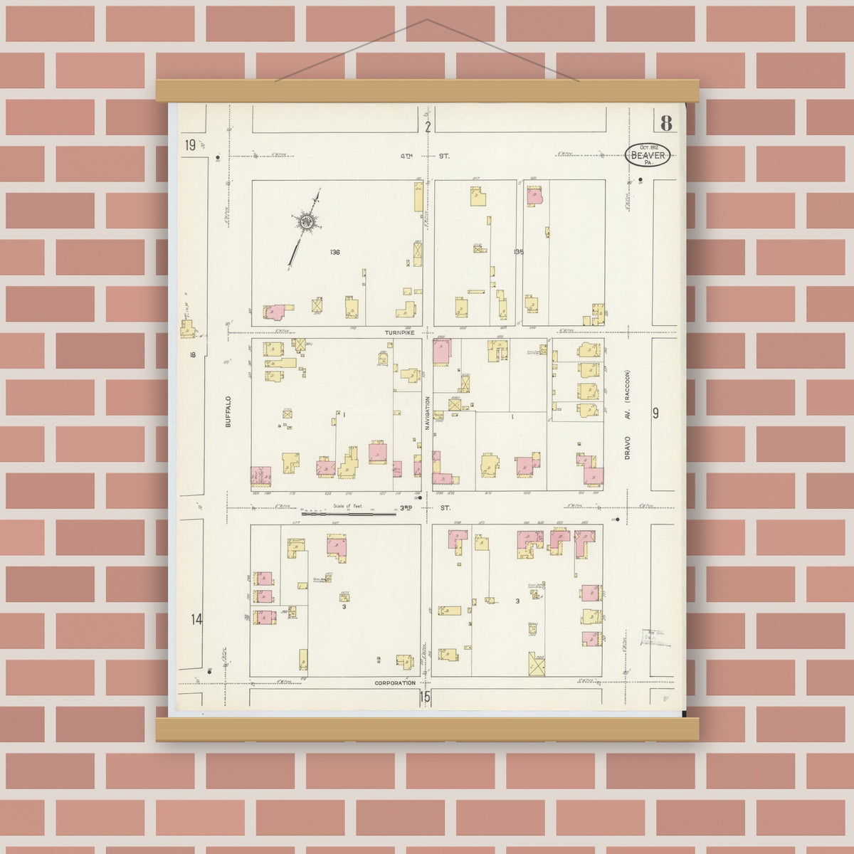 Old map wall art mockup — magnetic wood frame on brick wall — Sanborn Fire Insurance Map from Beaver, Beaver County, Pennsylvania (1912), Sheet #0008