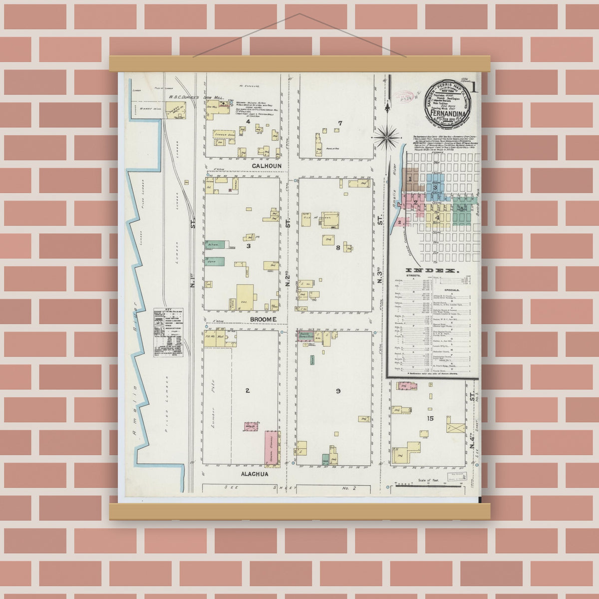 Old map wall art mockup — magnetic wood frame on brick wall — Sanborn Fire Insurance Map from Fernandina, Nassau County, Florida (1891) - Complete Map Set