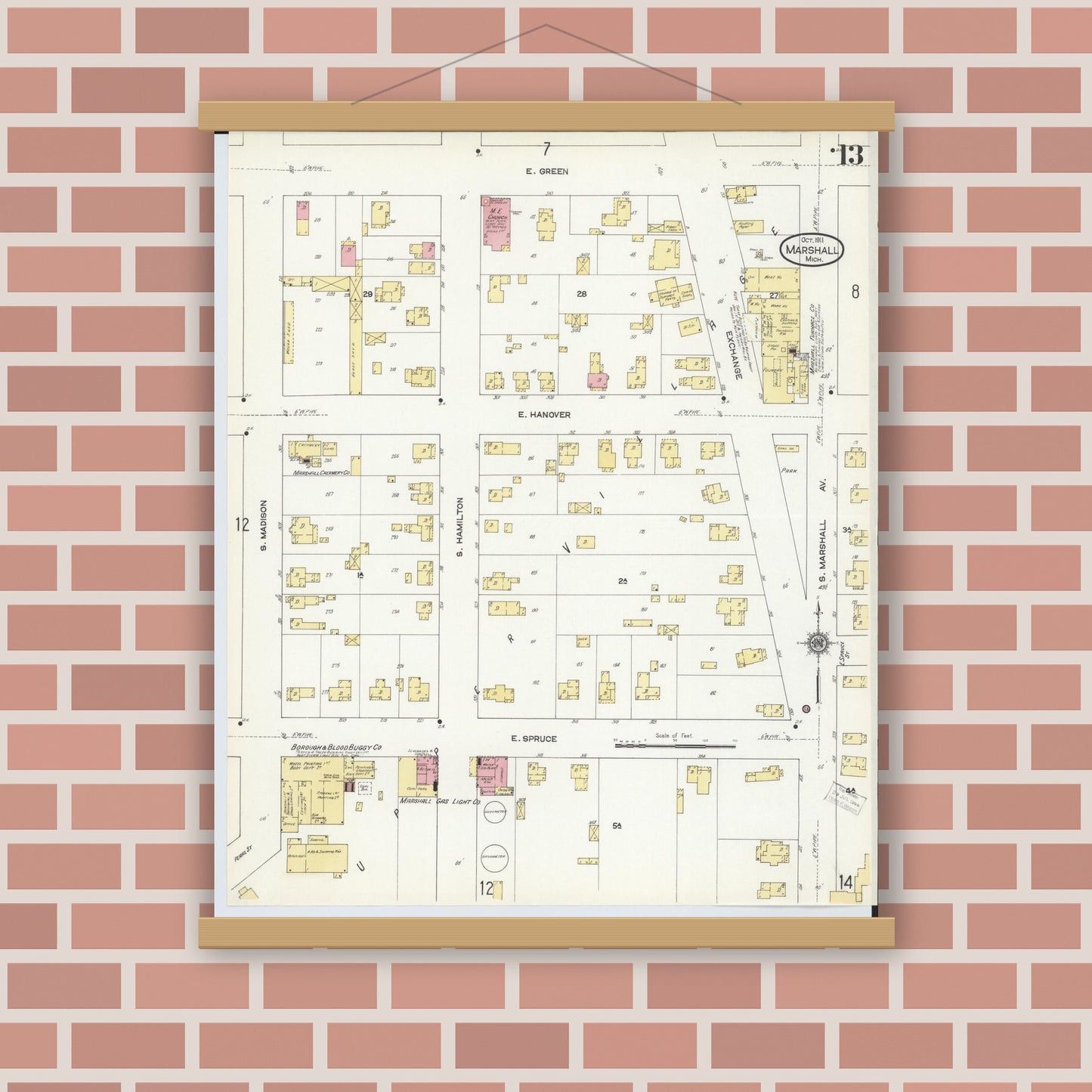 Old map wall art mockup — magnetic wood frame on brick wall — Sanborn Fire Insurance Map from Marshall, Calhoun County, Michigan (1911), Sheet #0013