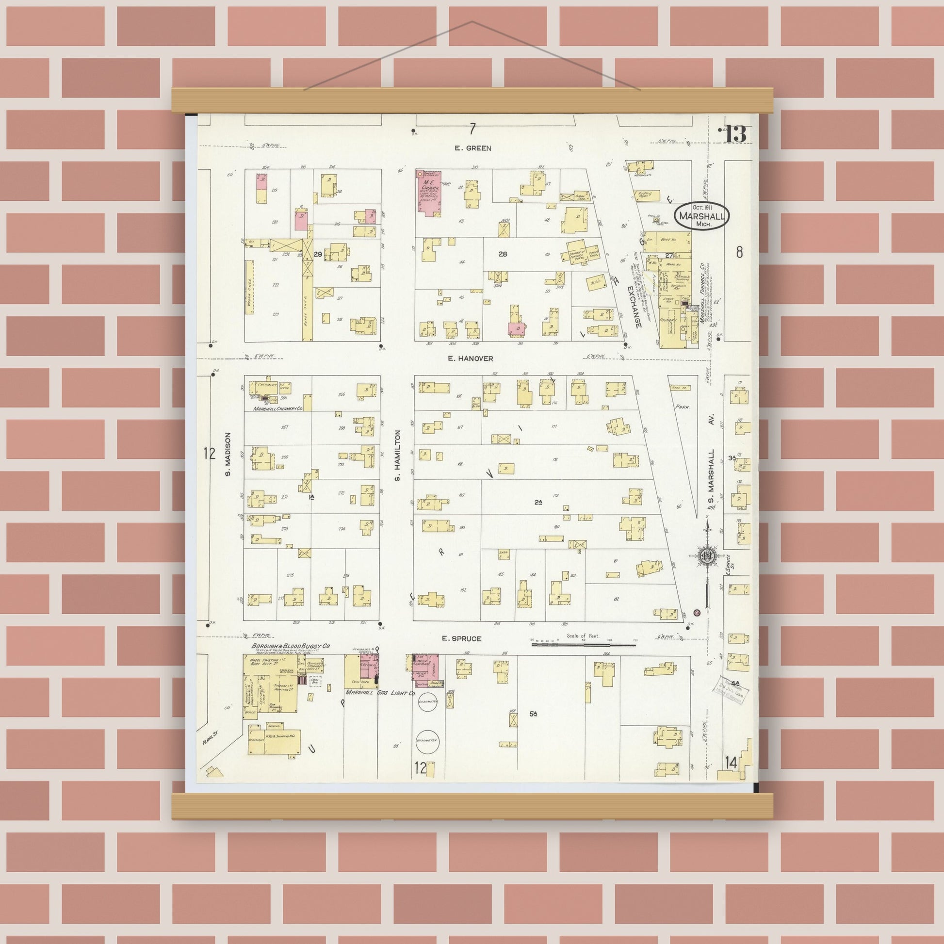 Old map wall art mockup — magnetic wood frame on brick wall — Sanborn Fire Insurance Map from Marshall, Calhoun County, Michigan (1911), Sheet #0013