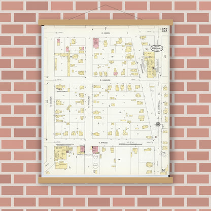 Old map wall art mockup — magnetic wood frame on brick wall — Sanborn Fire Insurance Map from Marshall, Calhoun County, Michigan (1911), Sheet #0013