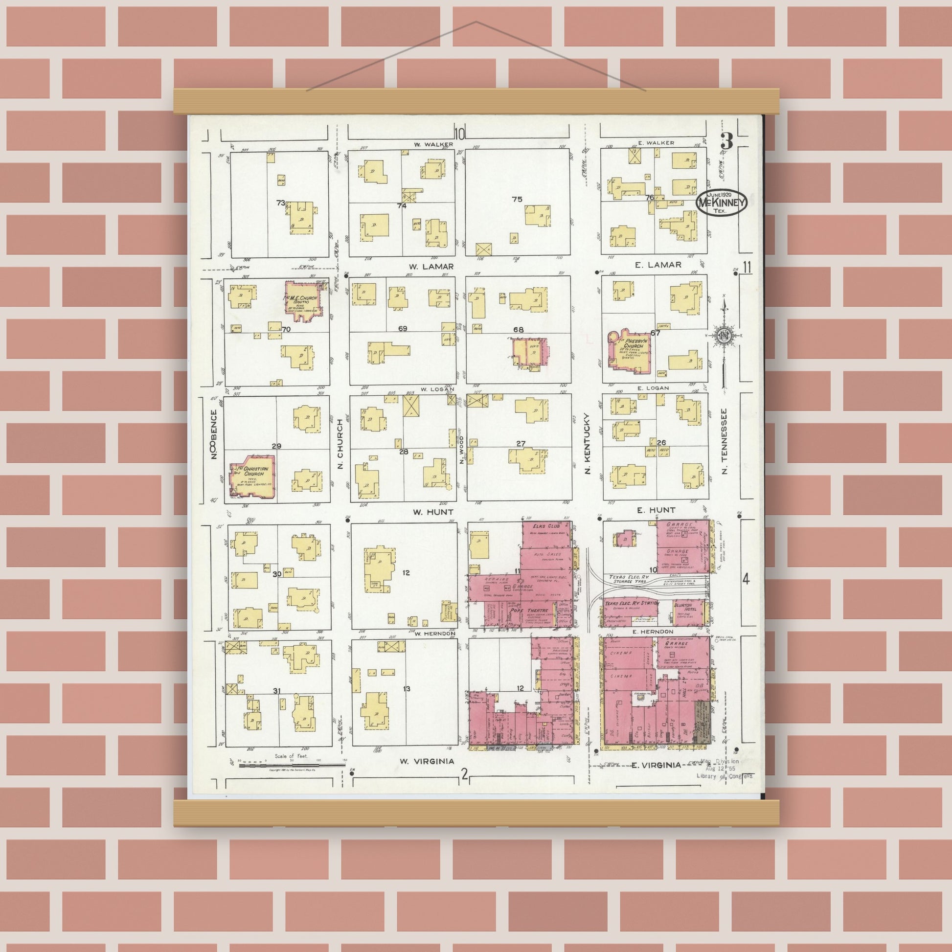 Old map wall art mockup — magnetic wood frame on brick wall — Sanborn Fire Insurance Map from McKinney, Collin County, Texas (1920), Sheet #0003