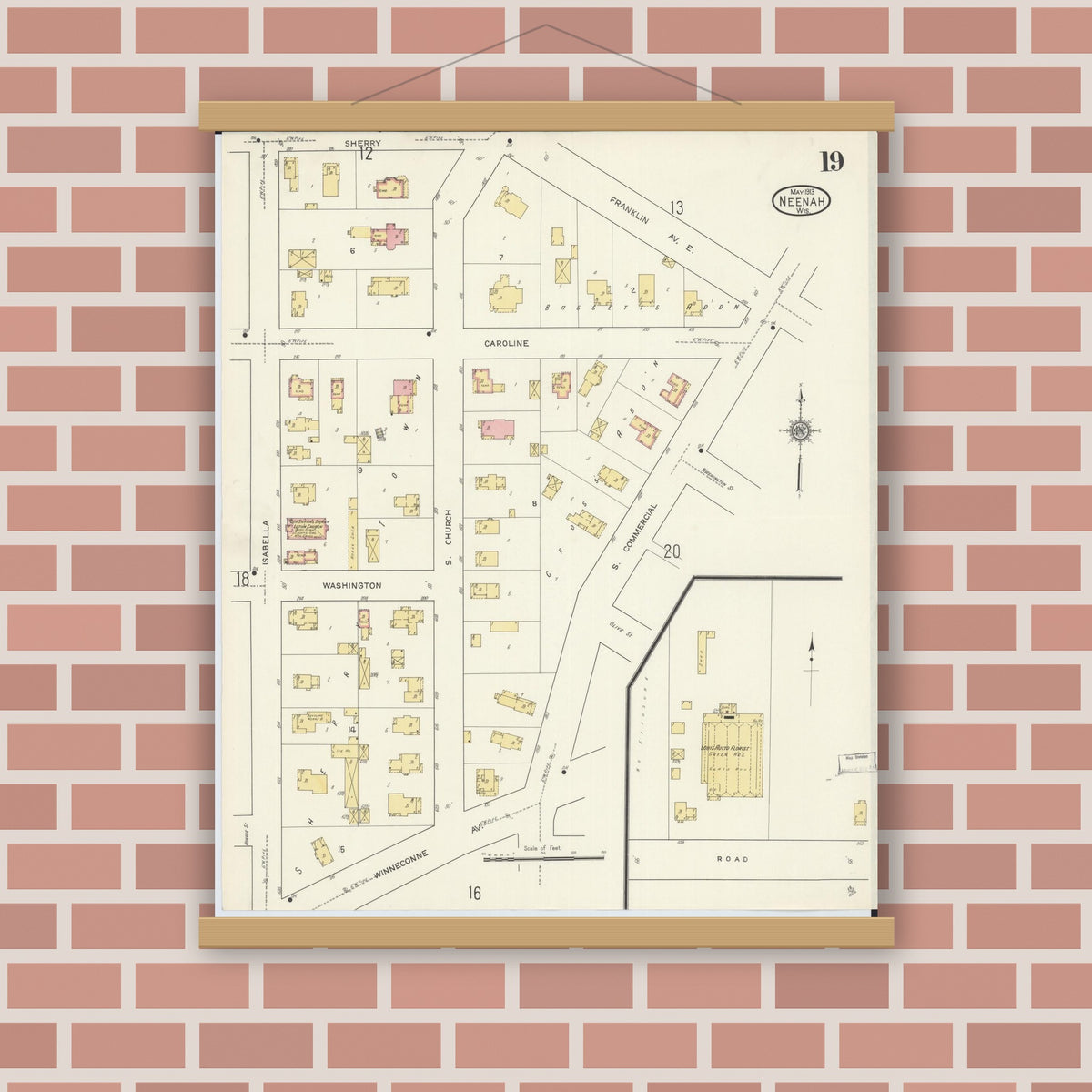 Old map wall art mockup — magnetic wood frame on brick wall — Sanborn Fire Insurance Map from Neenah, Winnebago County, Wisconsin (1913), Sheet #0019