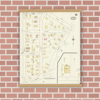 Old map wall art mockup — magnetic wood frame on brick wall — Sanborn Fire Insurance Map from Neenah, Winnebago County, Wisconsin (1913), Sheet #0019