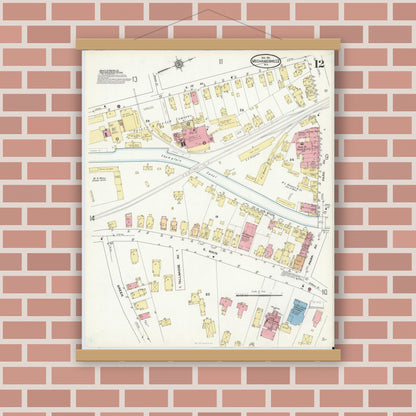 Old map wall art mockup — magnetic wood frame on brick wall — Sanborn Fire Insurance Map from Mechanicville, Saratoga County, New York (1911), Sheet #0012