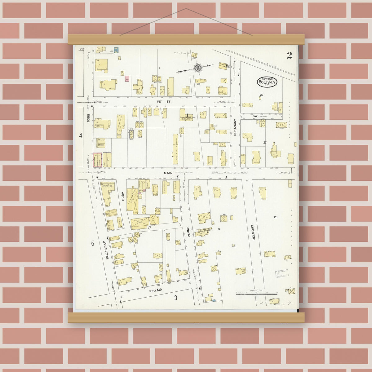 Old map wall art mockup — magnetic wood frame on brick wall — Sanborn Fire Insurance Map from Bolivar, Allegany County, New York (1909), Sheet #0002