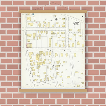 Old map wall art mockup — magnetic wood frame on brick wall — Sanborn Fire Insurance Map from Bolivar, Allegany County, New York (1909), Sheet #0002