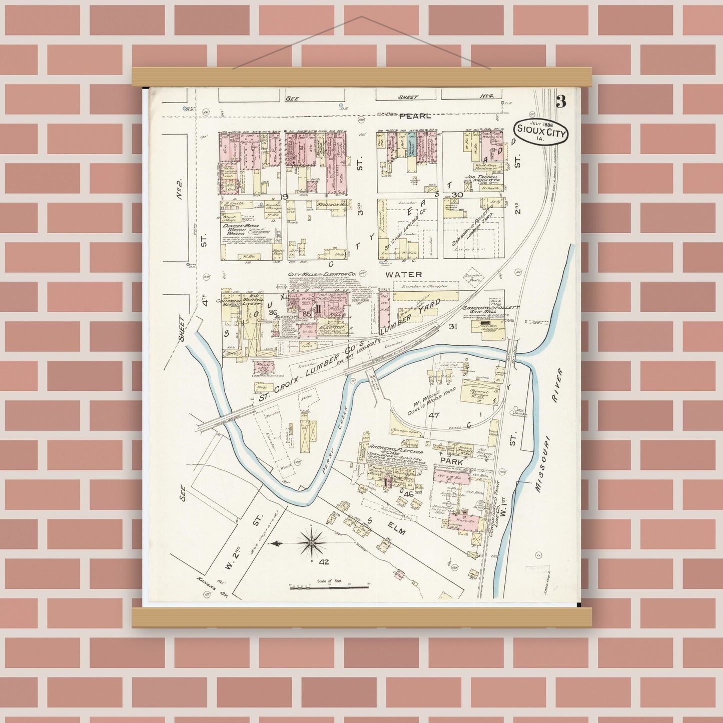 Old map wall art mockup — magnetic wood frame on brick wall — Sanborn Fire Insurance Map from Sioux City, Woodbury County, Iowa (1886), Sheet #0003