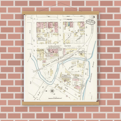 Old map wall art mockup — magnetic wood frame on brick wall — Sanborn Fire Insurance Map from Sioux City, Woodbury County, Iowa (1886), Sheet #0003