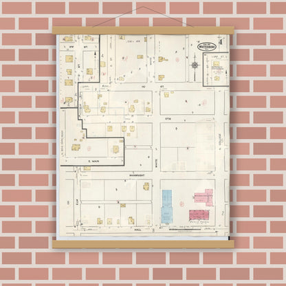 Old map wall art mockup — magnetic wood frame on brick wall — Sanborn Fire Insurance Map from Whitesboro, Grayson County, Texas (1943), Sheet #0004