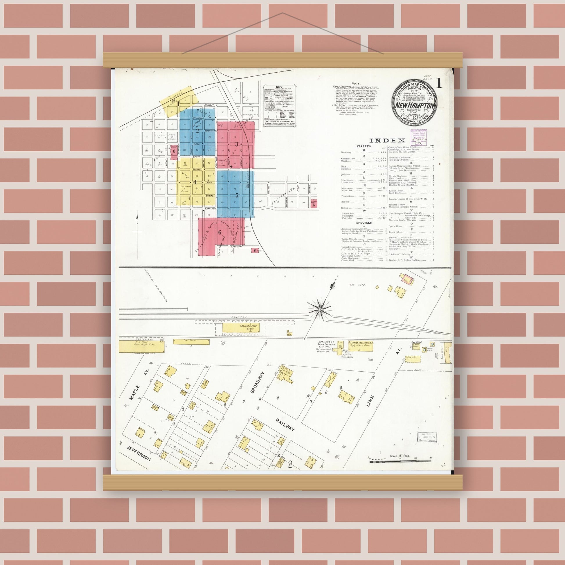 Old map wall art mockup — magnetic wood frame on brick wall — Sanborn Fire Insurance Map from New Hampton, Chickasaw County, Iowa (1905) â€” Complete Set