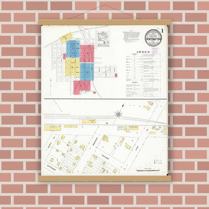 Old map wall art mockup — magnetic wood frame on brick wall — Sanborn Fire Insurance Map from New Hampton, Chickasaw County, Iowa (1905) â€” Complete Set