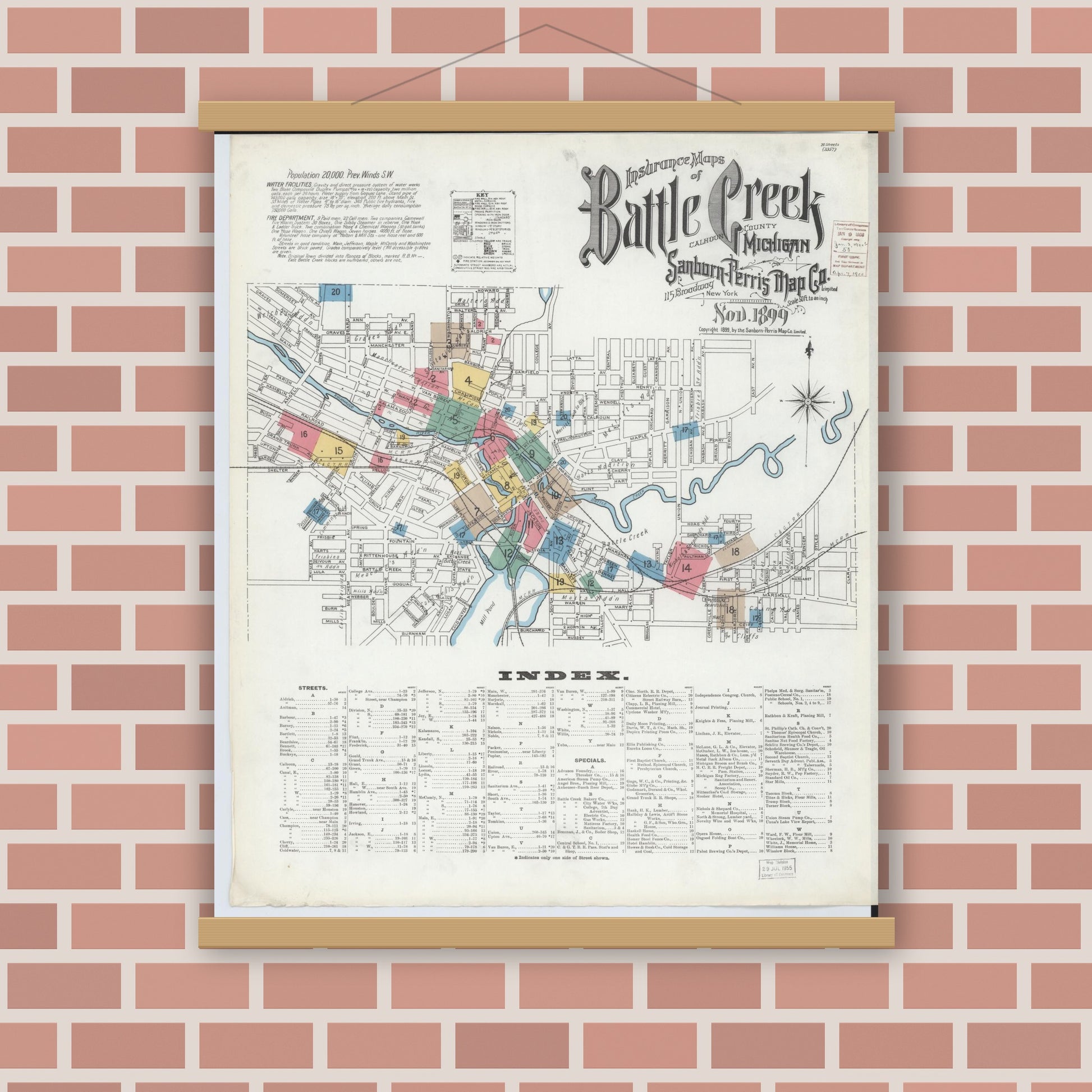 Old map wall art mockup — magnetic wood frame on brick wall — Sanborn Fire Insurance Map from Battle Creek, Calhoun County, Michigan (1899), Sheet #0001