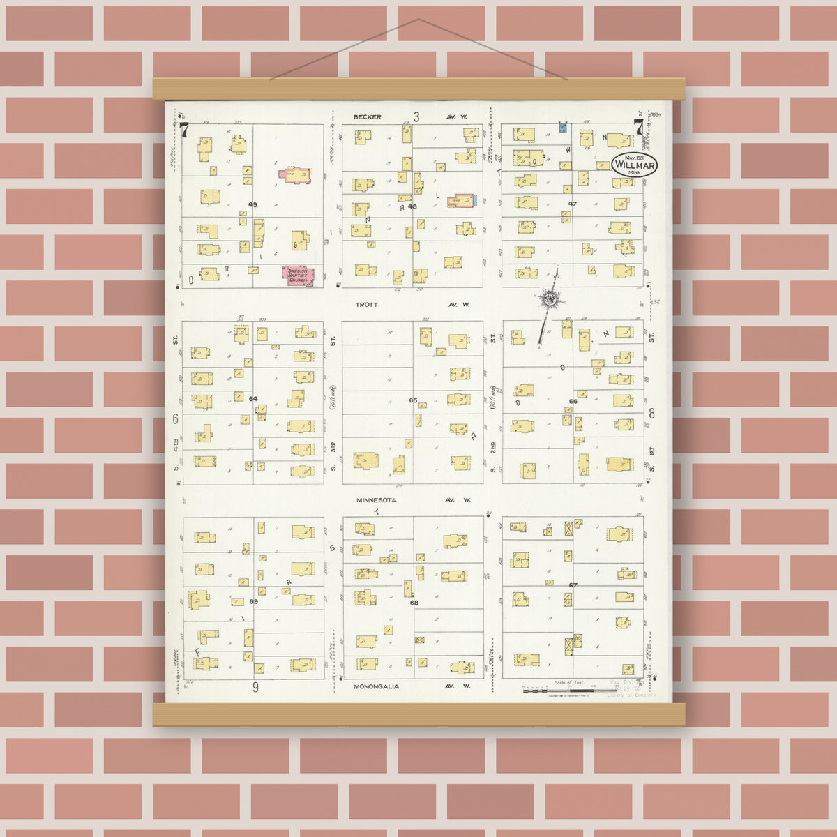Old map wall art mockup — magnetic wood frame on brick wall — Sanborn Fire Insurance Map from Willmar, Kandiyohi County, Minnesota (1925), Sheet #0007