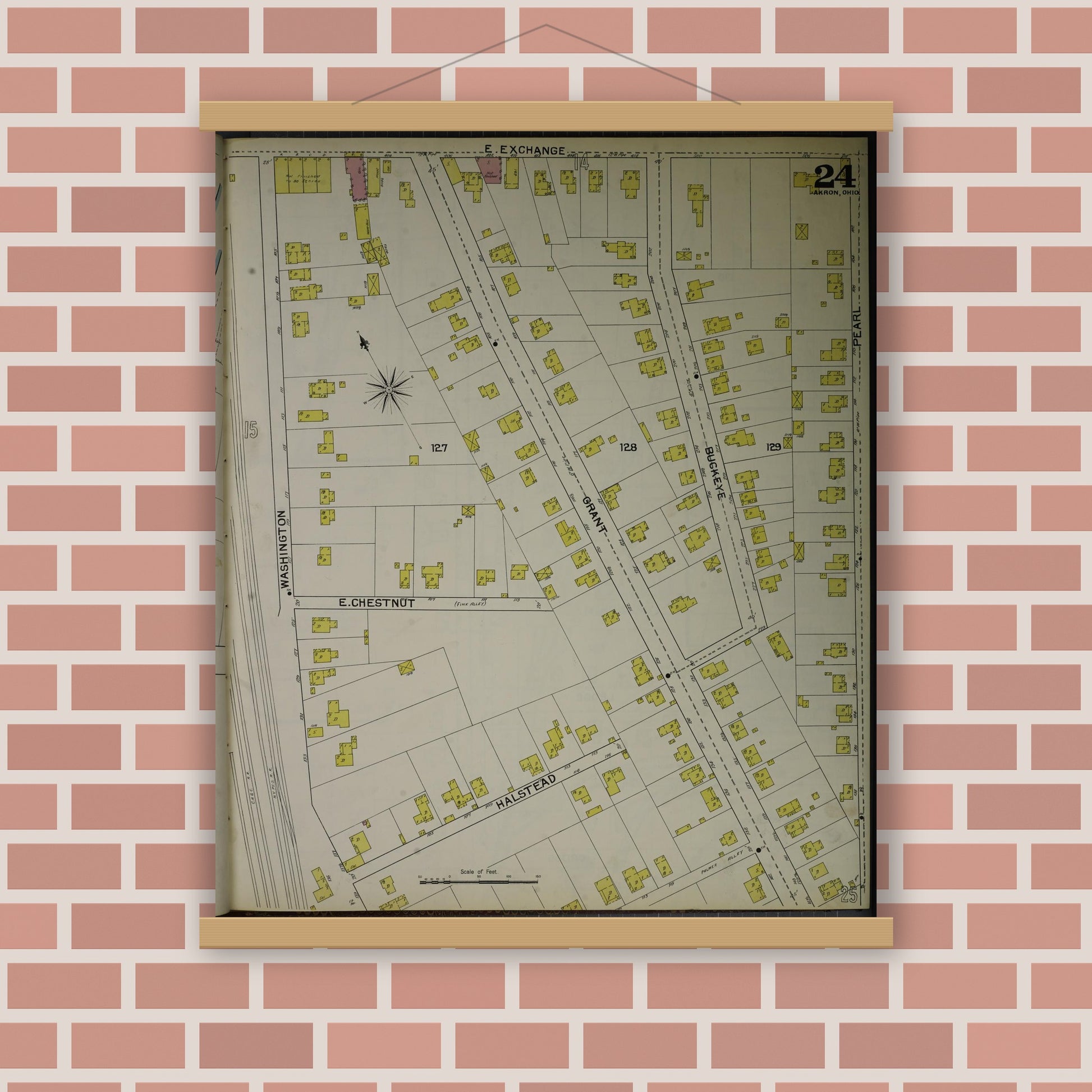 Old map wall art mockup — magnetic wood frame on brick wall — Sanborn Fire Insurance Map from Akron, Summit County, Ohio (1892), Sheet #0024