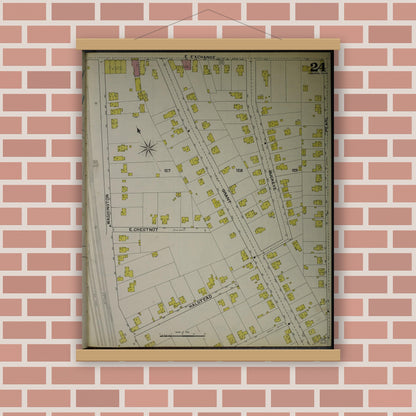 Old map wall art mockup — magnetic wood frame on brick wall — Sanborn Fire Insurance Map from Akron, Summit County, Ohio (1892), Sheet #0024