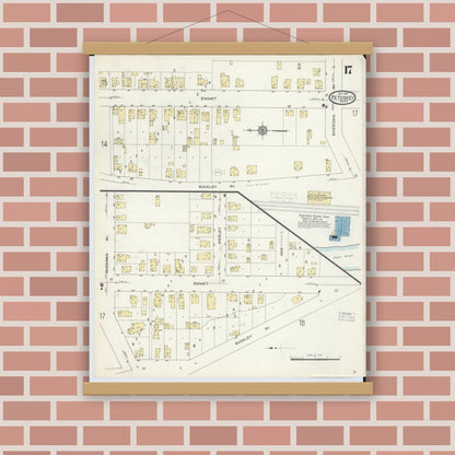 Old map wall art mockup — magnetic wood frame on brick wall — Sanborn Fire Insurance Map from Petoskey, Emmet County, Michigan (1913), Sheet #0017