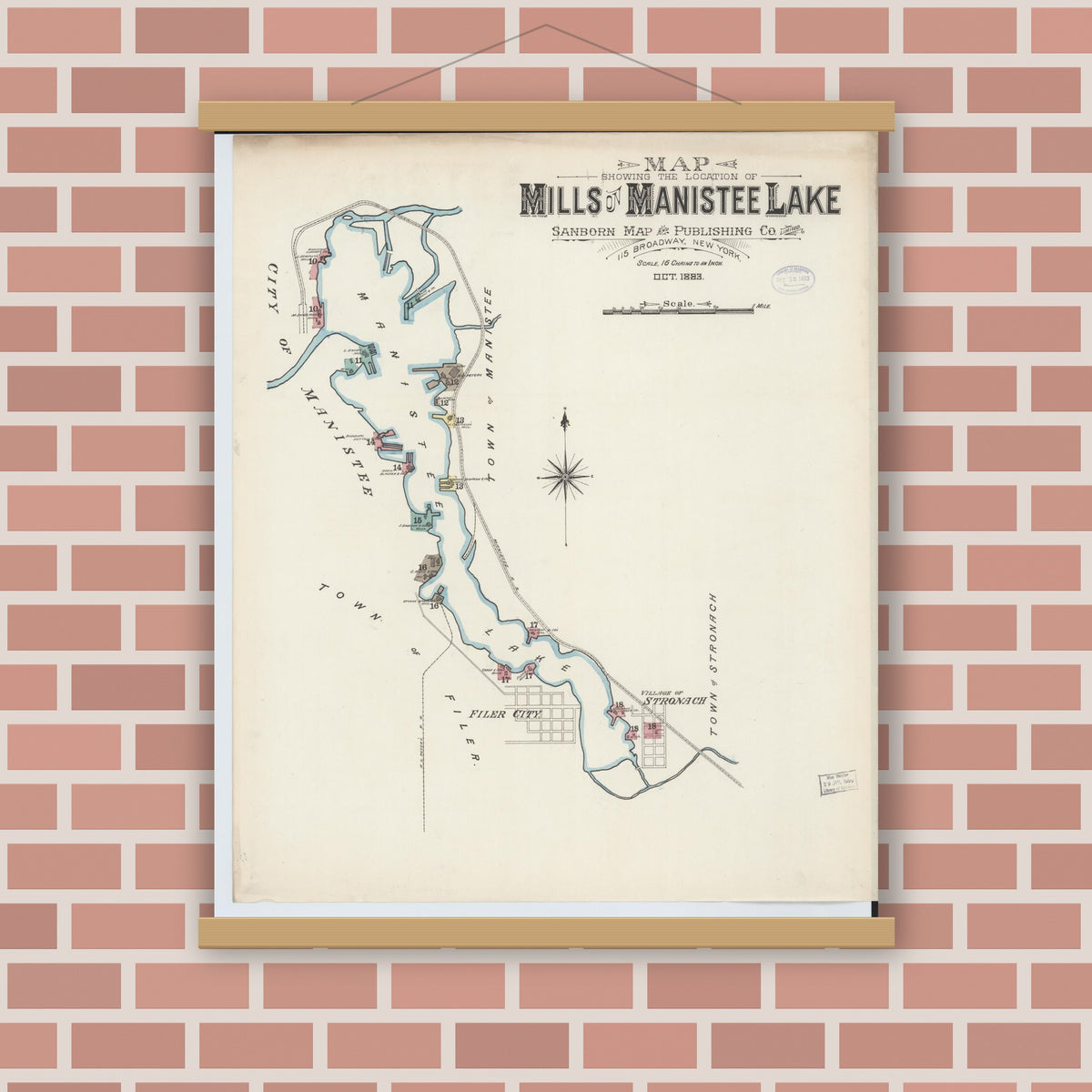 Old map wall art mockup — magnetic wood frame on brick wall — Sanborn Fire Insurance Map from Manistee, Manistee County, Michigan (1883), Sheet #0002