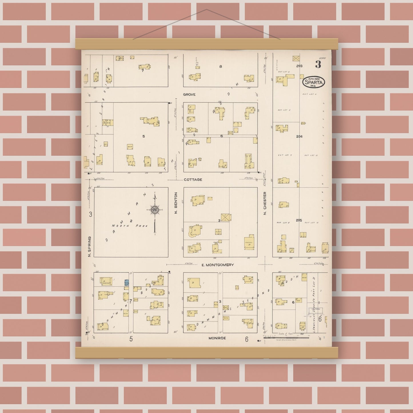 Old map wall art mockup — magnetic wood frame on brick wall — Sanborn Fire Insurance Map from Sparta, Monroe County, Wisconsin (1922), Sheet #0003