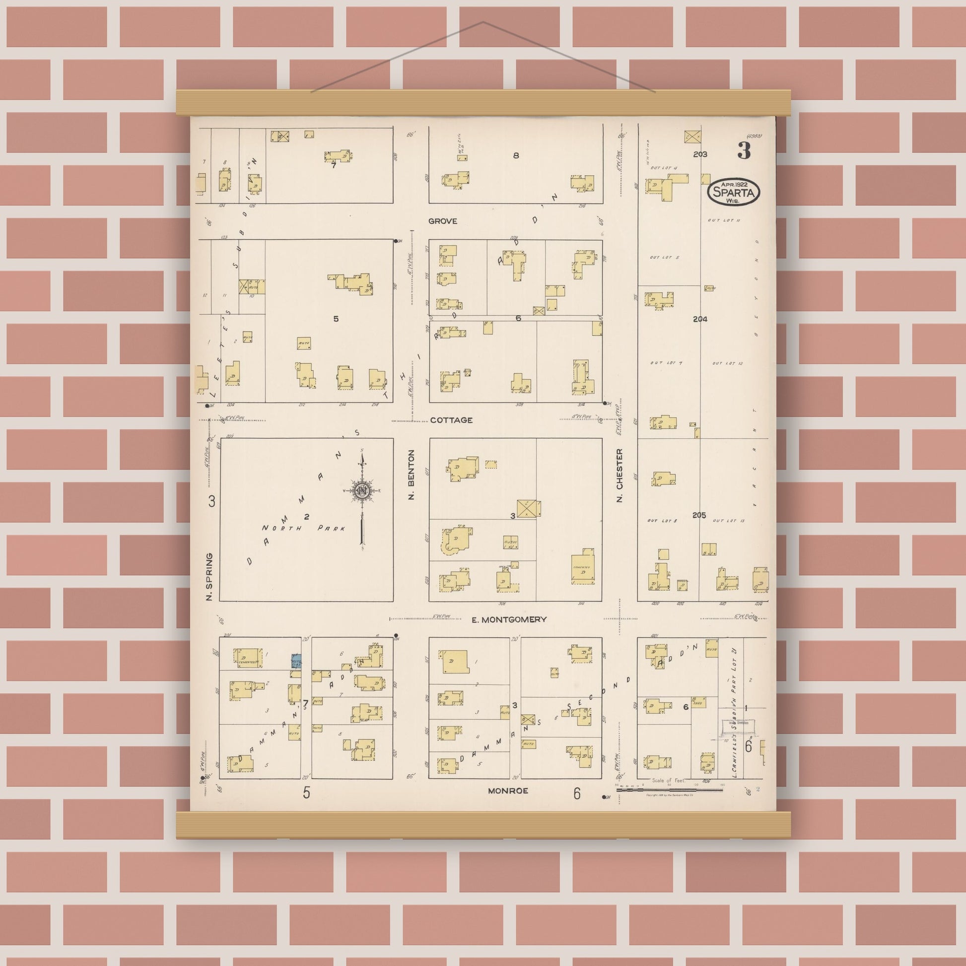 Old map wall art mockup — magnetic wood frame on brick wall — Sanborn Fire Insurance Map from Sparta, Monroe County, Wisconsin (1922), Sheet #0003