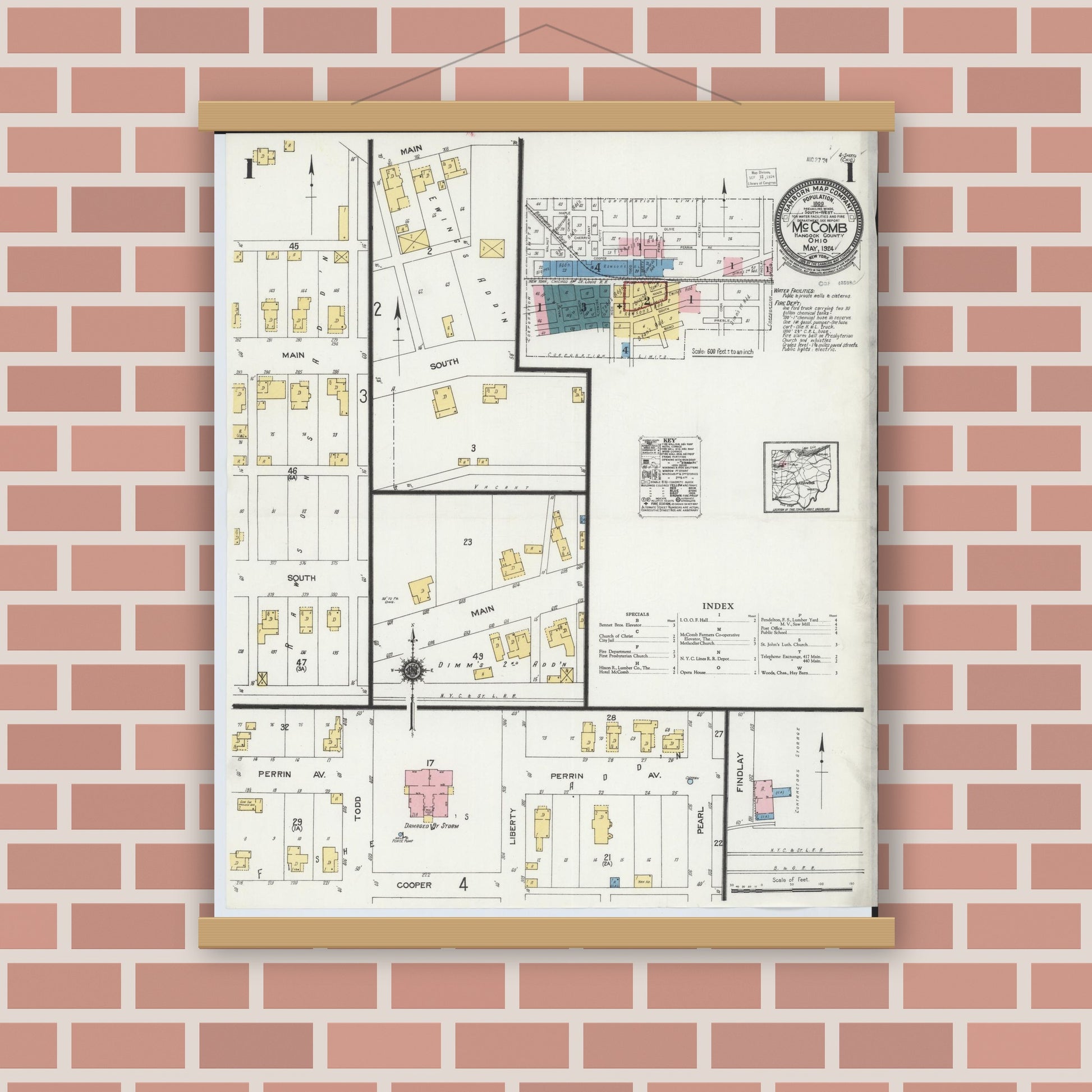 Old map wall art mockup — magnetic wood frame on brick wall — Sanborn Fire Insurance Map from McComb, Hancock County, Ohio (1924), Sheet #0001