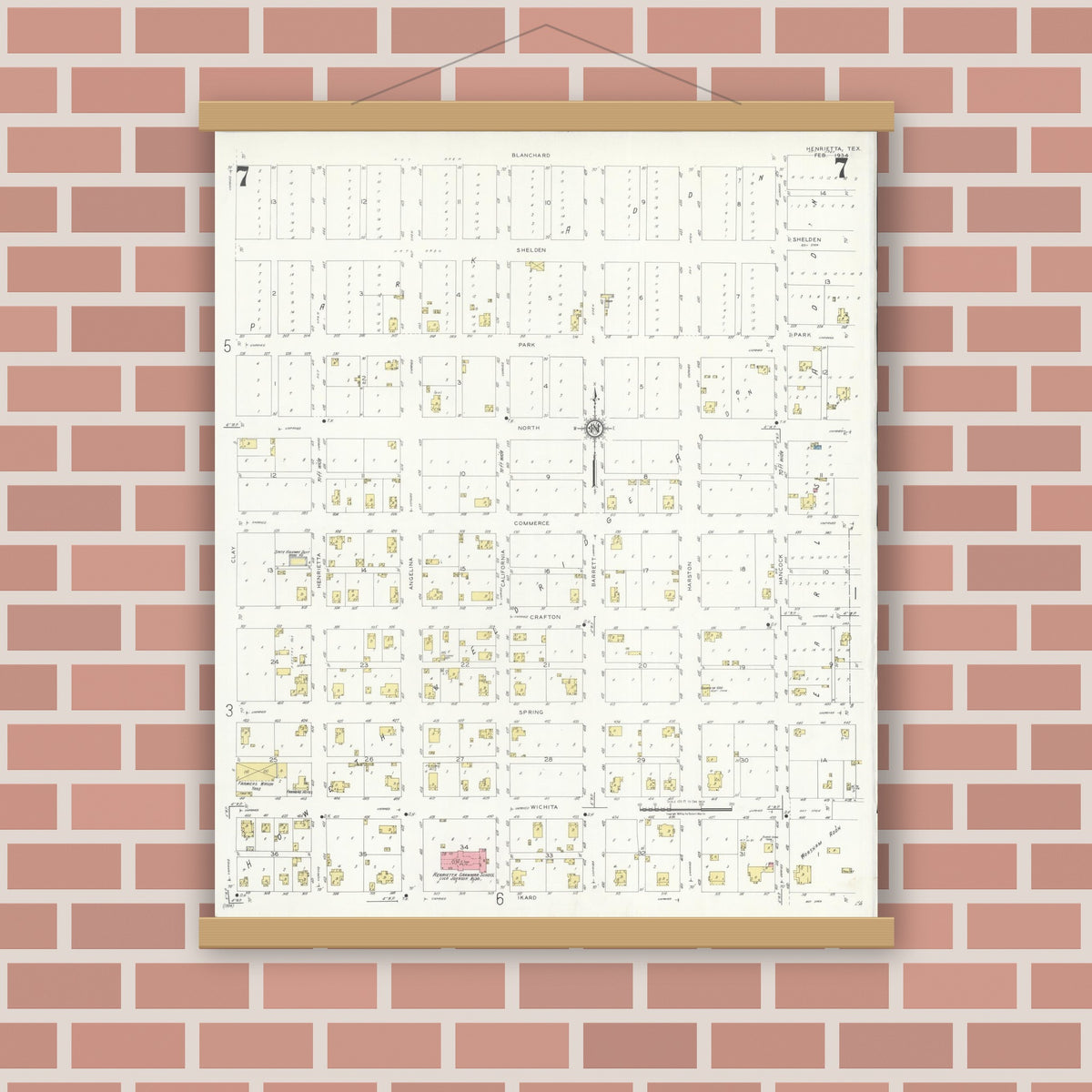Old map wall art mockup — magnetic wood frame on brick wall — Sanborn Fire Insurance Map from Henrietta, Clay County, Texas (1934), Sheet #0007