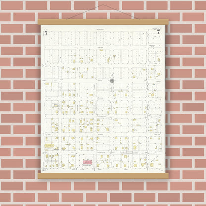 Old map wall art mockup — magnetic wood frame on brick wall — Sanborn Fire Insurance Map from Henrietta, Clay County, Texas (1934), Sheet #0007