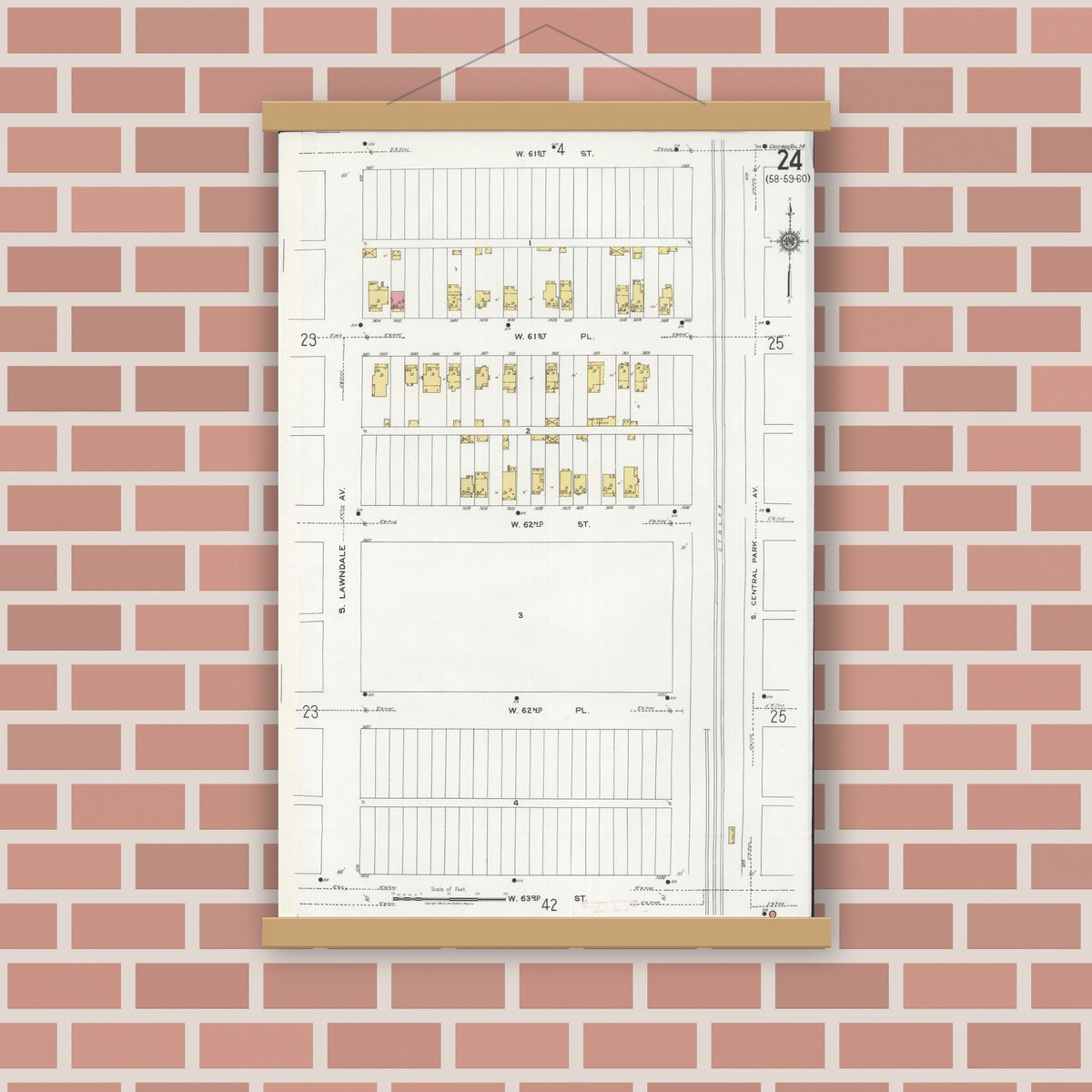 Old map wall art mockup — magnetic wood frame on brick wall — Sanborn Fire Insurance Map from Chicago, Cook County, Illinois (1920), Sheet #0024