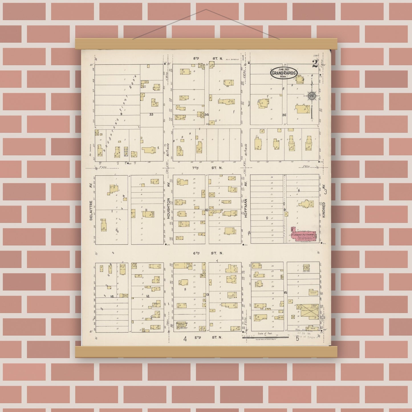 Old map wall art mockup — magnetic wood frame on brick wall — Sanborn Fire Insurance Map from Grand Rapids, Itasca County, Minnesota (1922), Sheet #0002