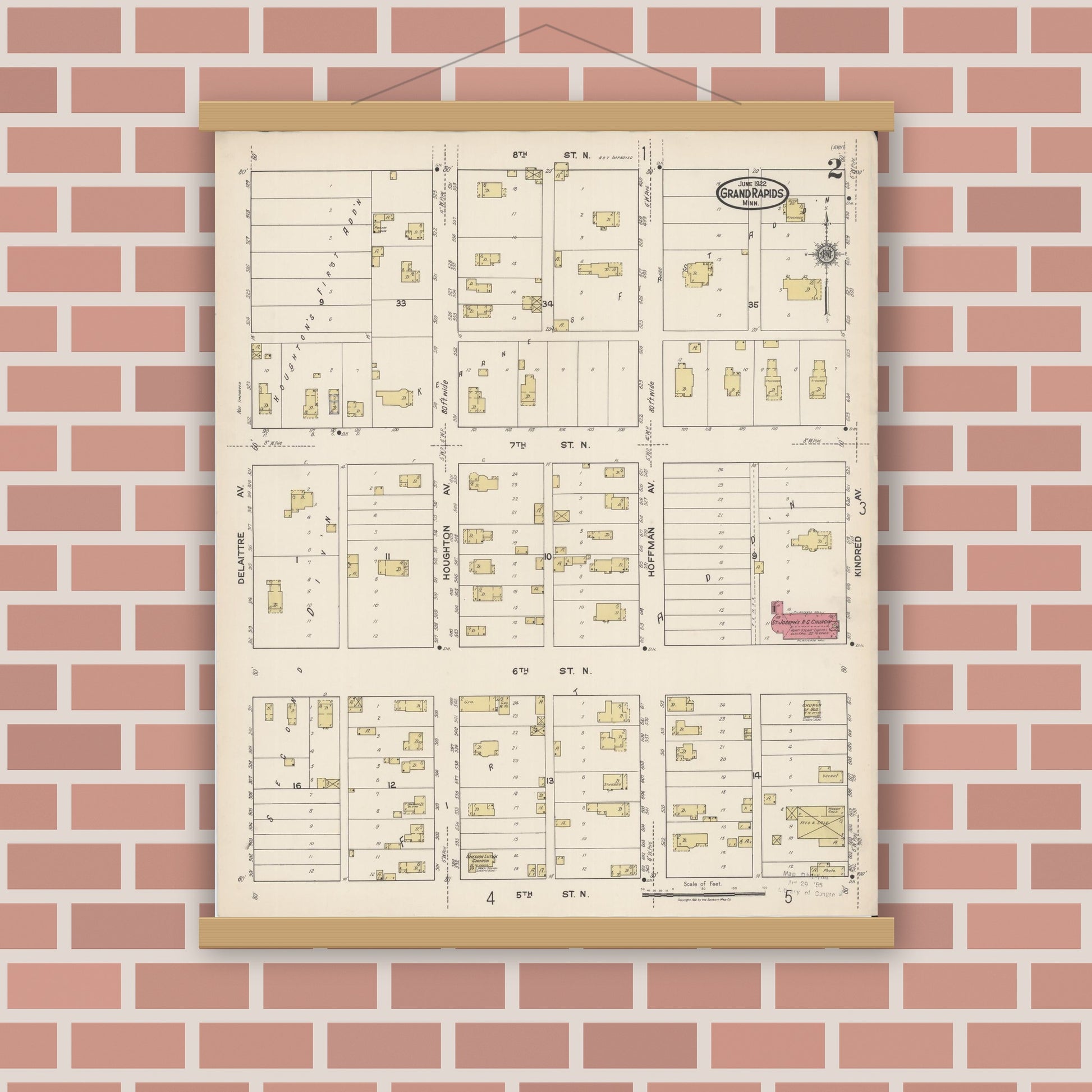 Old map wall art mockup — magnetic wood frame on brick wall — Sanborn Fire Insurance Map from Grand Rapids, Itasca County, Minnesota (1922), Sheet #0002