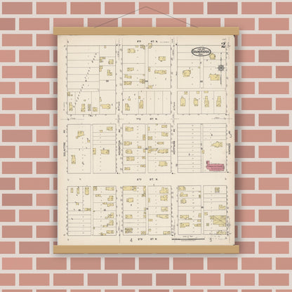 Old map wall art mockup — magnetic wood frame on brick wall — Sanborn Fire Insurance Map from Grand Rapids, Itasca County, Minnesota (1922), Sheet #0002