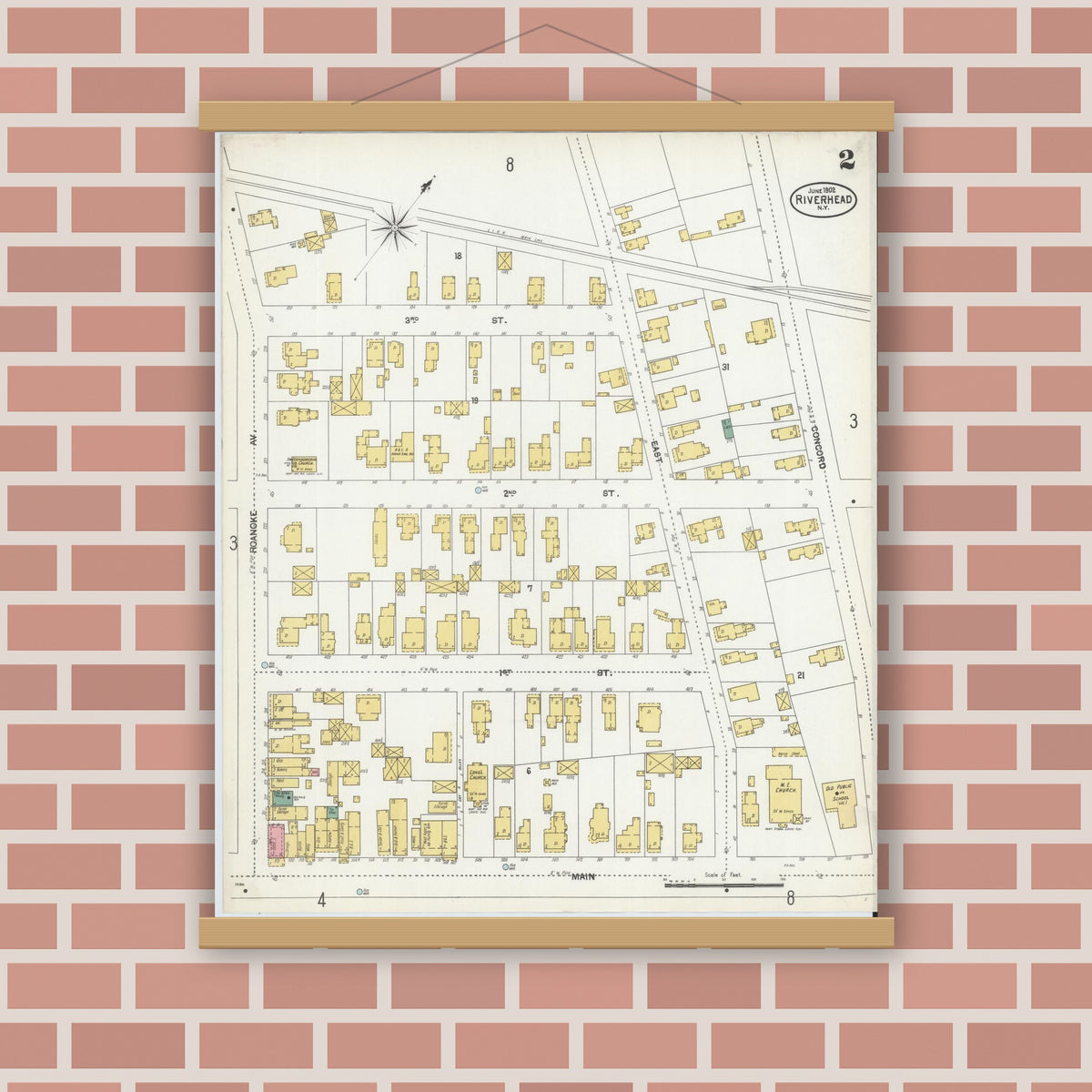 Old map wall art mockup — magnetic wood frame on brick wall — Sanborn Fire Insurance Map from Riverhead, Suffolk County, New York (1902), Sheet #0002