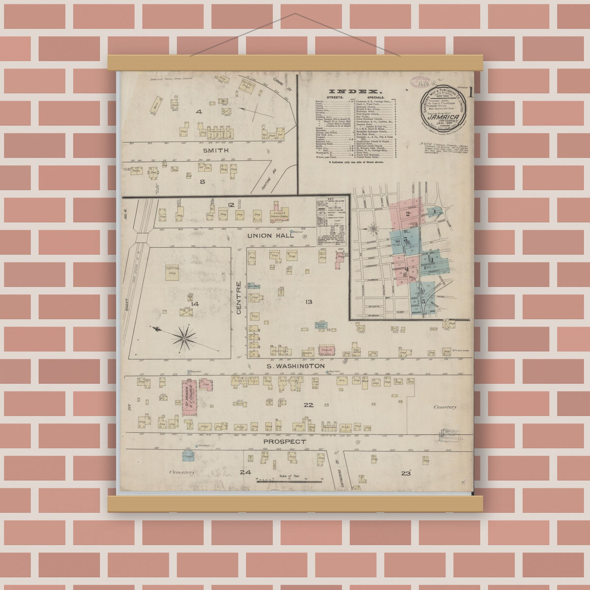 Old map wall art mockup — magnetic wood frame on brick wall — Sanborn Fire Insurance Map from Jamaica, Queens County, New York (1886) - Complete Map Set