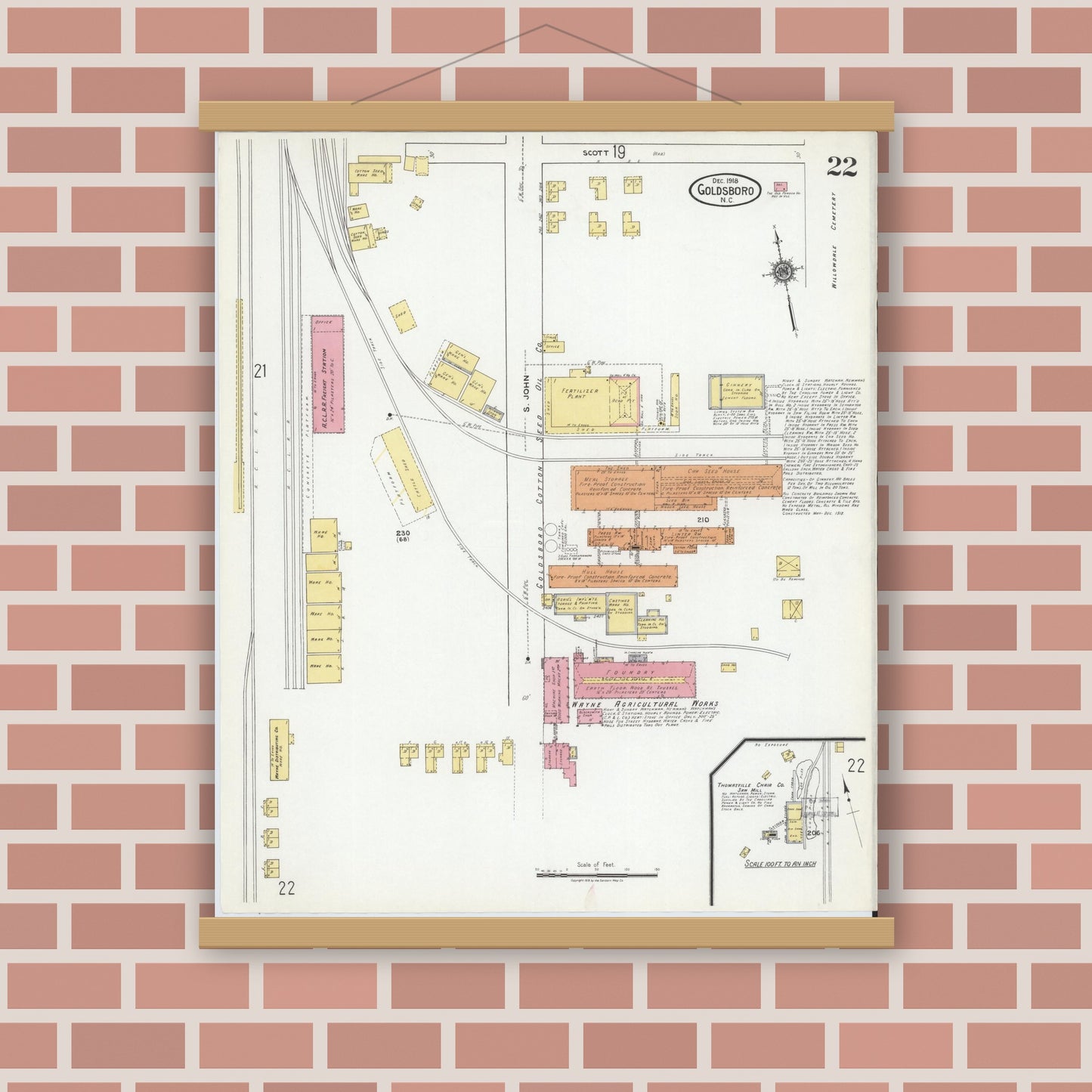 Old map wall art mockup — magnetic wood frame on brick wall — Sanborn Fire Insurance Map from Goldsboro, Wayne County, North Carolina (1918), Sheet #0022